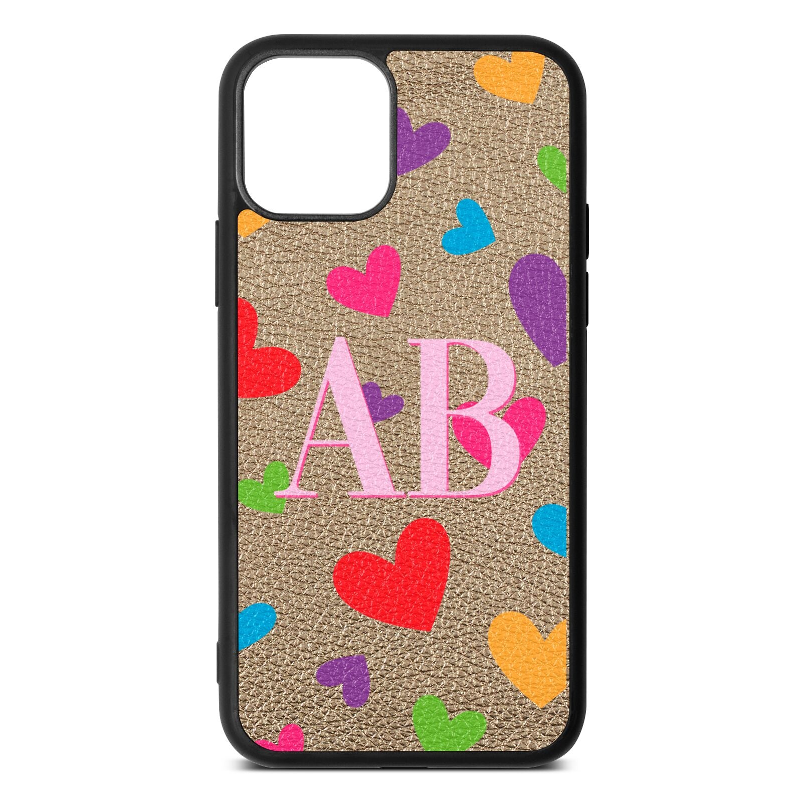 Contrast Initials Heart Print Gold Pebble Leather iPhone 11 Case