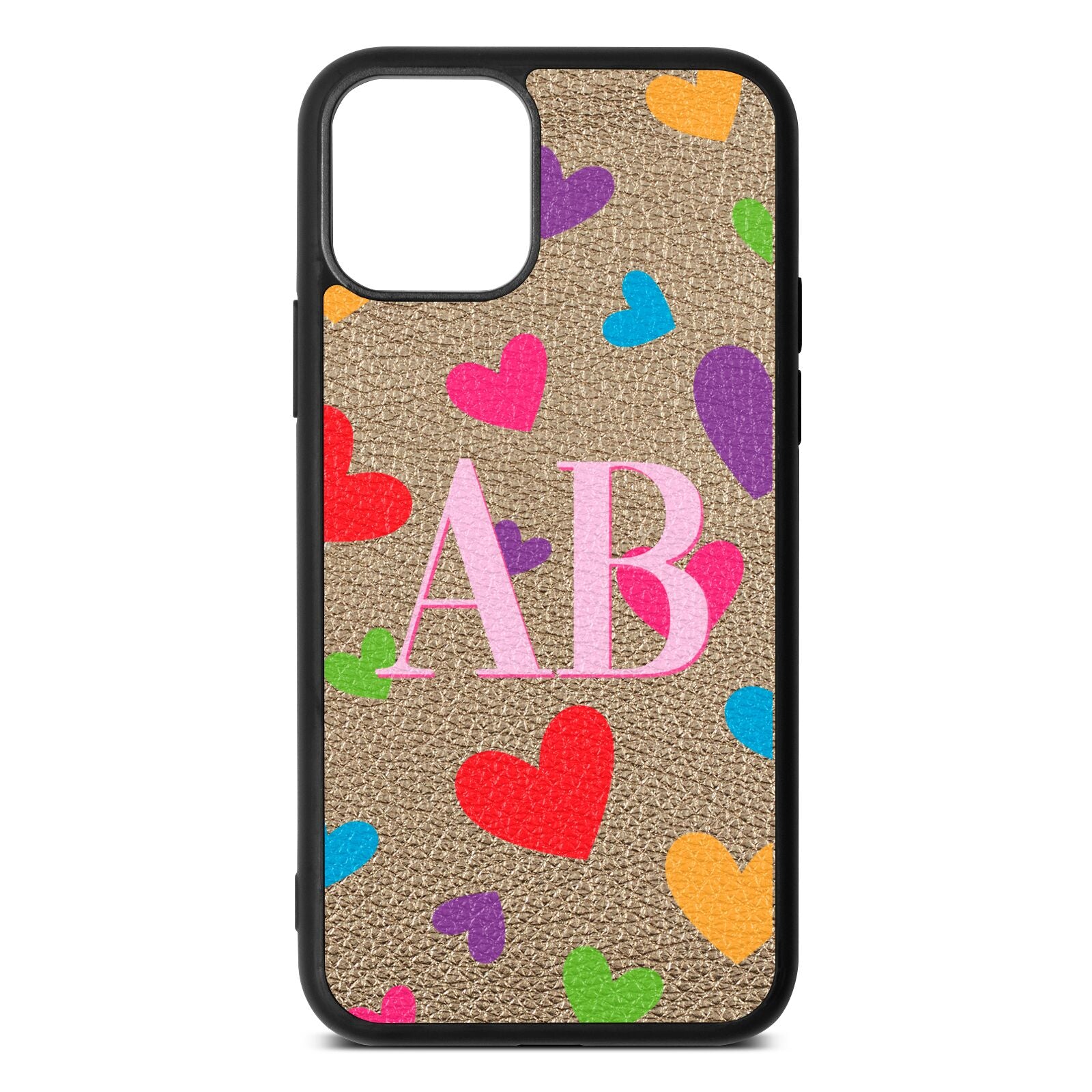 Contrast Initials Heart Print Gold Pebble Leather iPhone 11 Pro Case