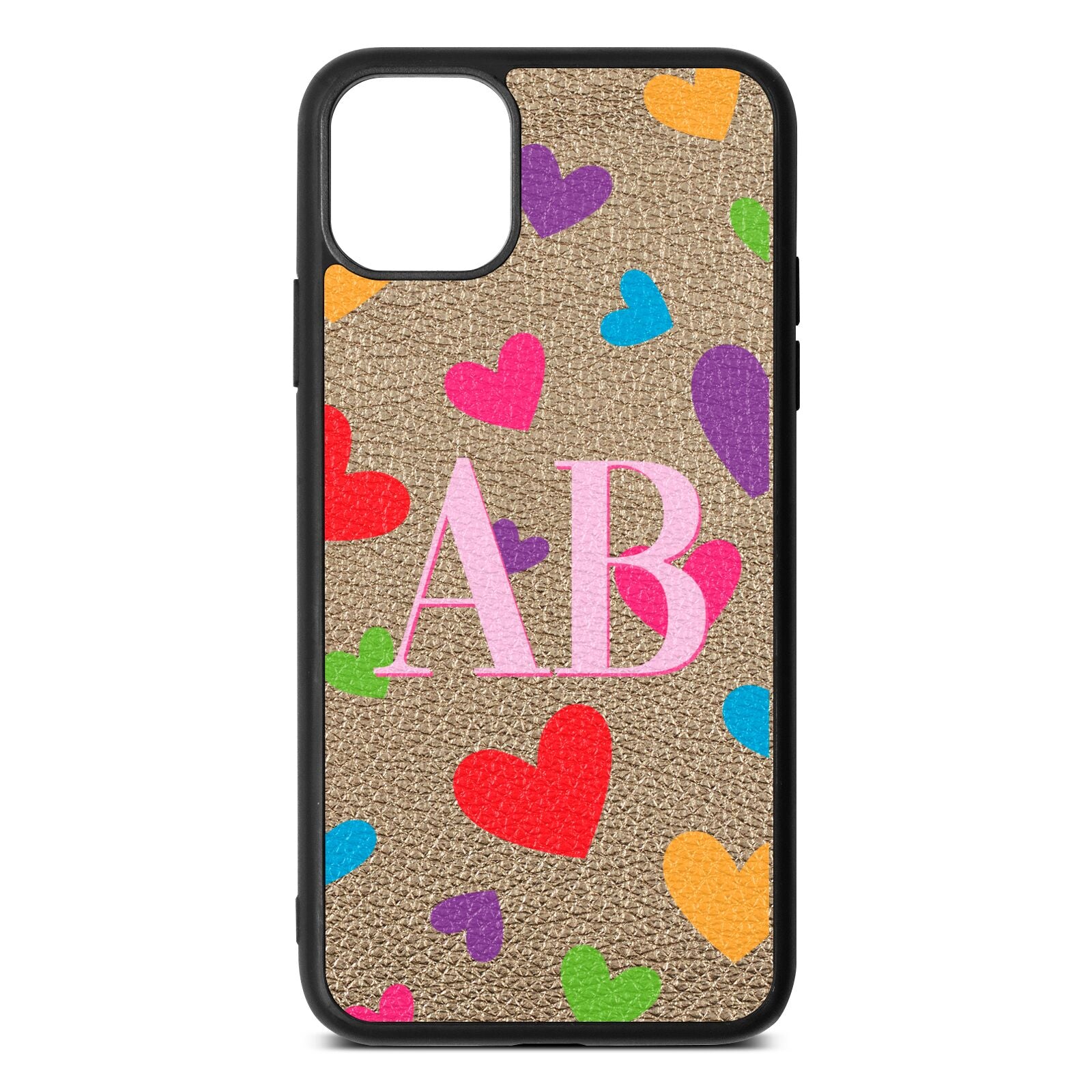 Contrast Initials Heart Print Gold Pebble Leather iPhone 11 Pro Max Case