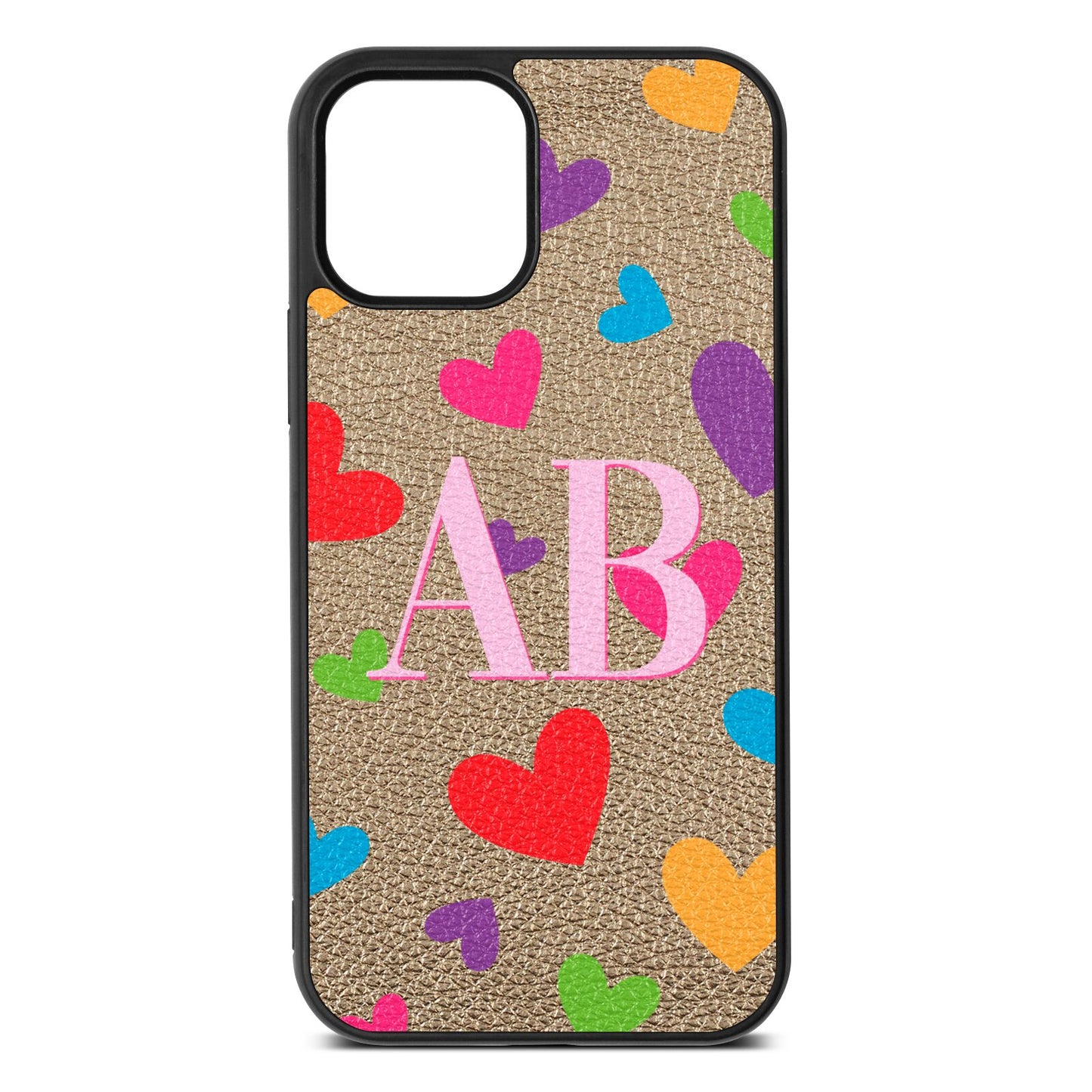 Contrast Initials Heart Print Gold Pebble Leather iPhone 12 Case