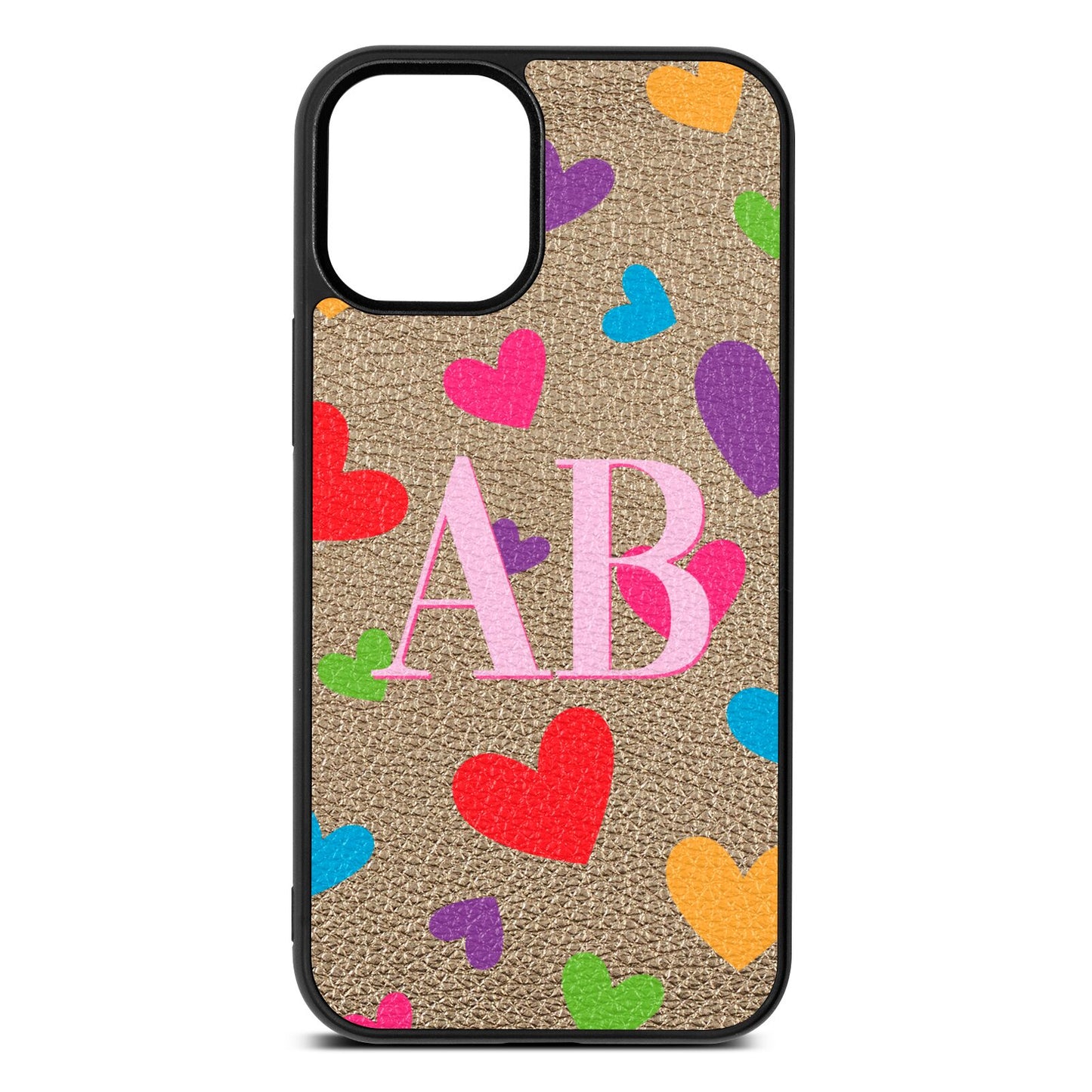 Contrast Initials Heart Print Gold Pebble Leather iPhone 12 Mini Case