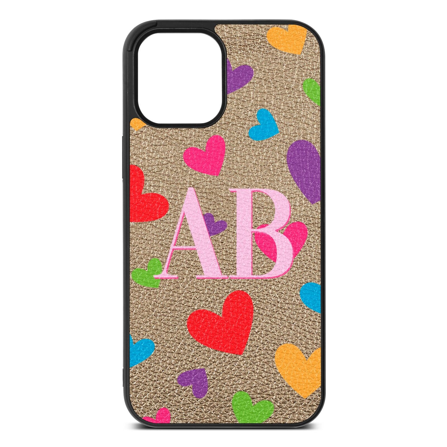 Contrast Initials Heart Print Gold Pebble Leather iPhone 12 Pro Max Case