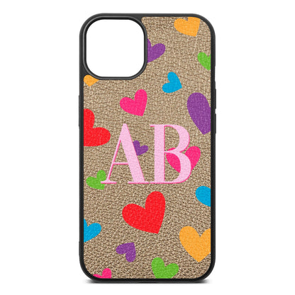 Contrast Initials Heart Print Gold Pebble Leather iPhone 13 Case