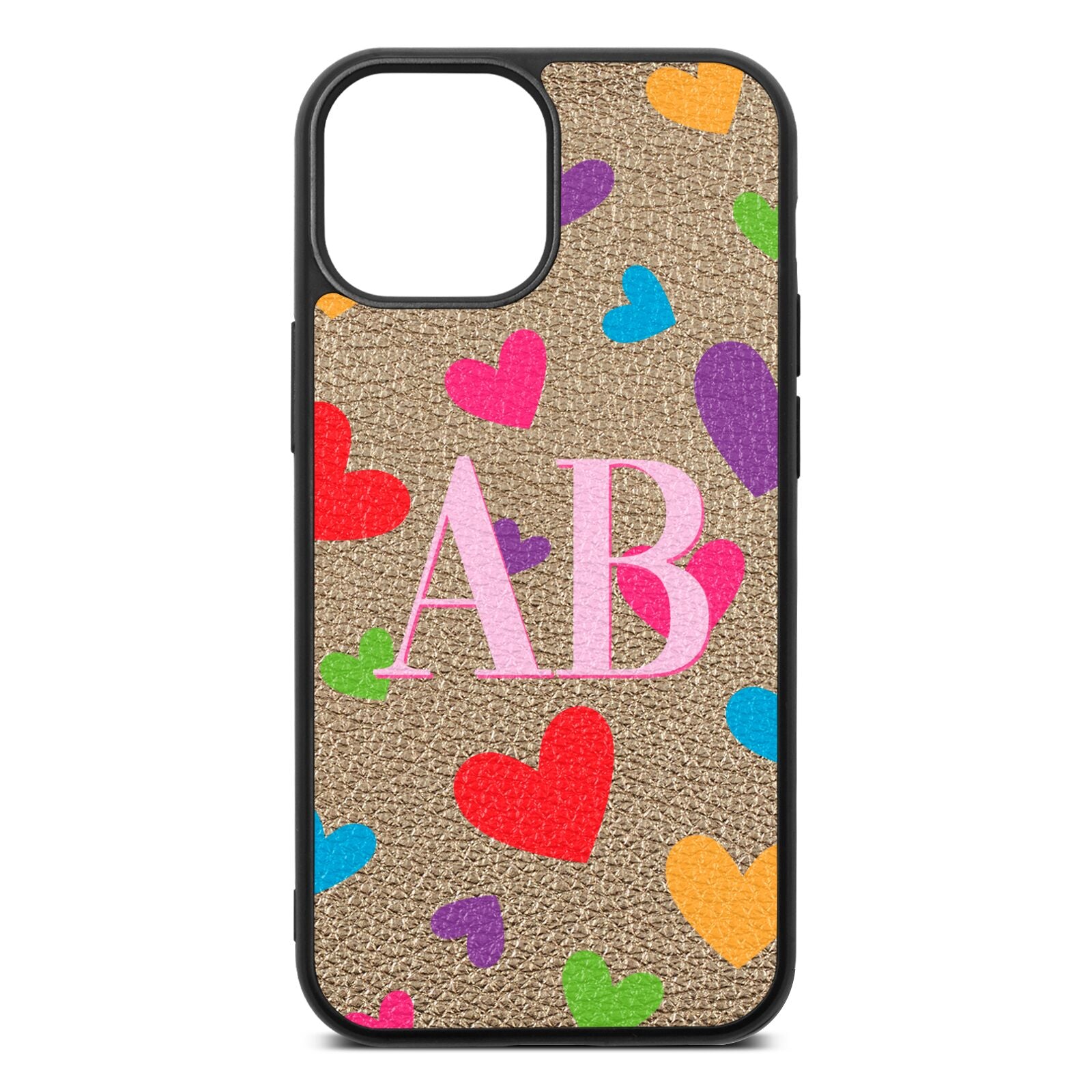 Contrast Initials Heart Print Gold Pebble Leather iPhone 13 Mini Case