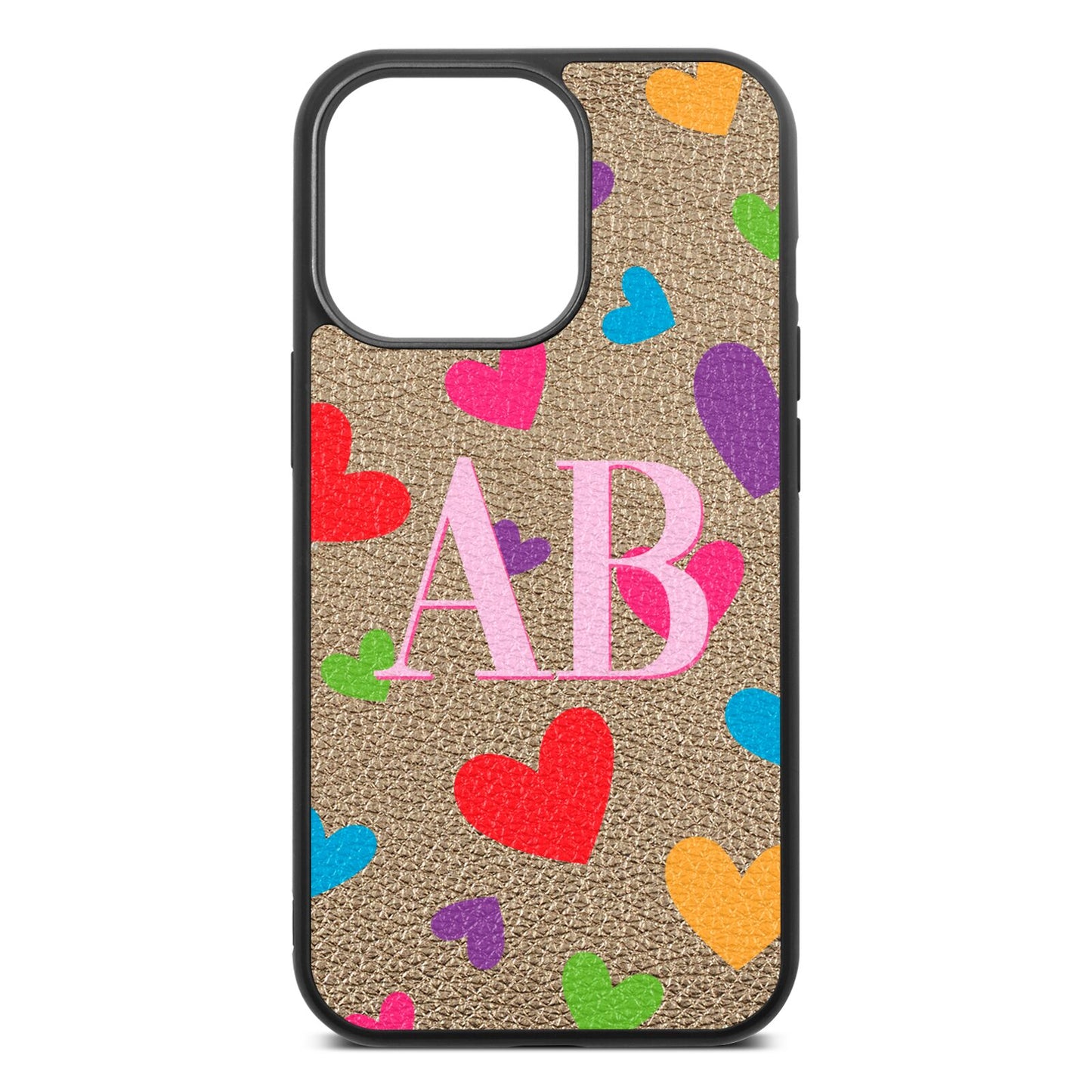 Contrast Initials Heart Print Gold Pebble Leather iPhone 13 Pro Case