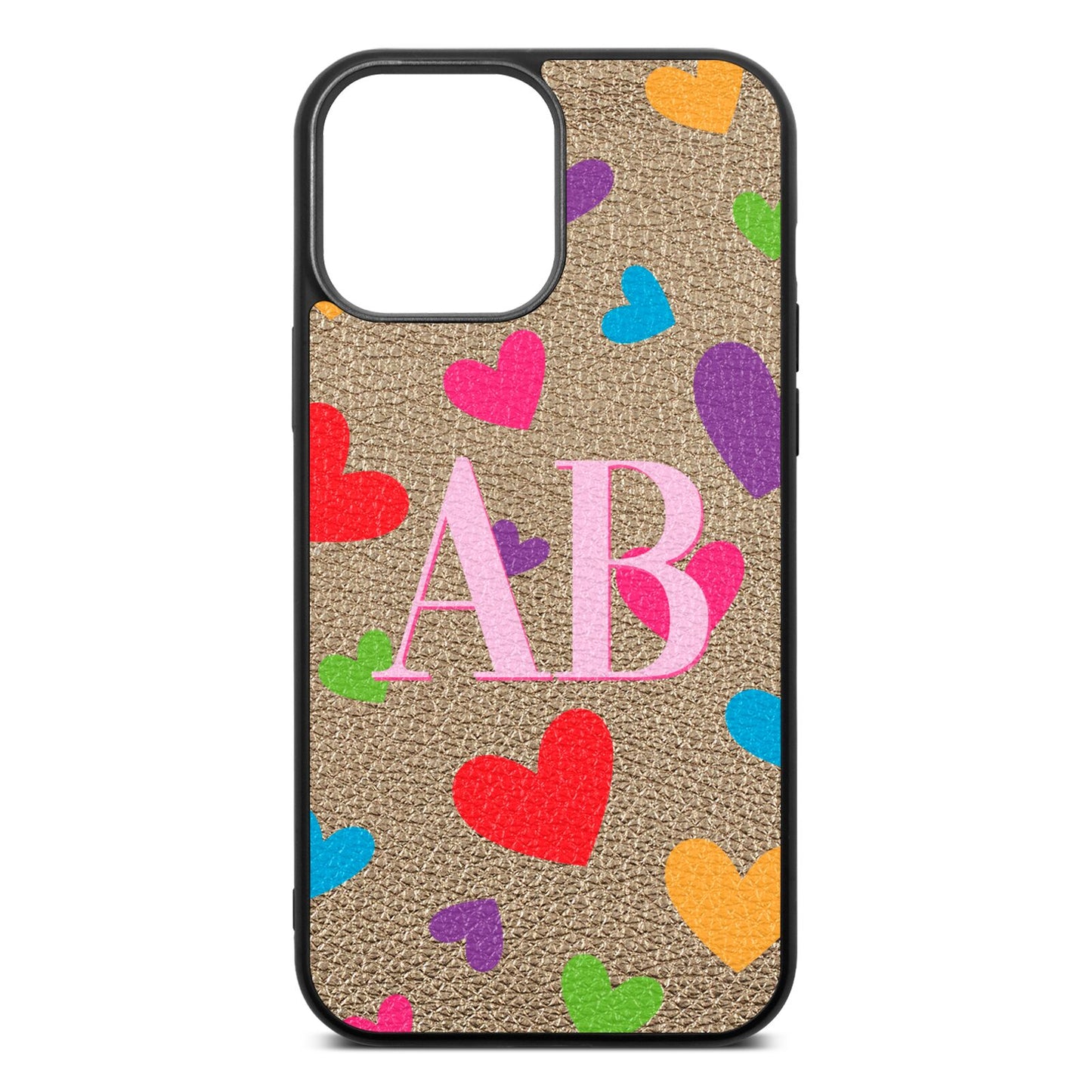 Contrast Initials Heart Print Gold Pebble Leather iPhone 13 Pro Max Case