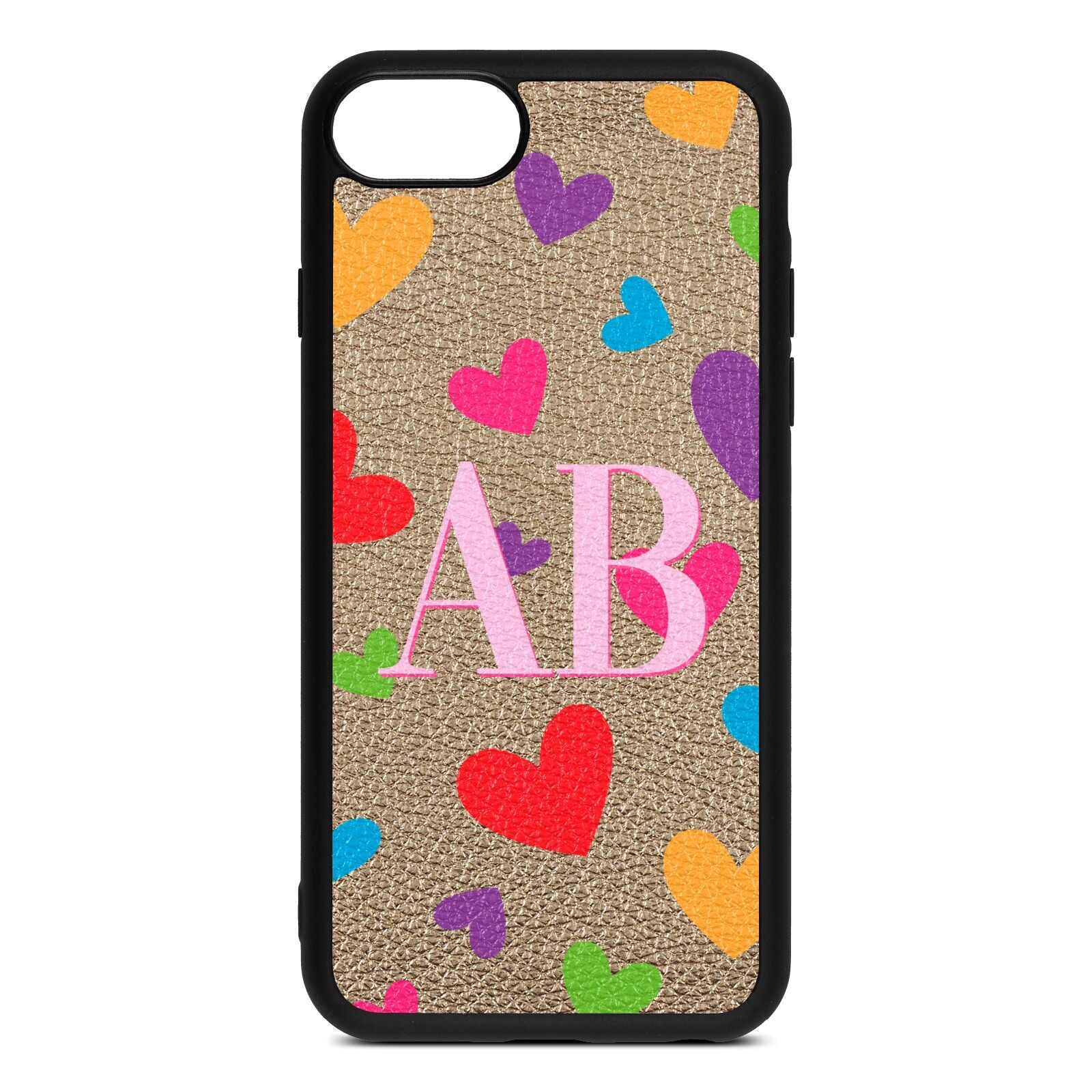 Contrast Initials Heart Print Gold Pebble Leather iPhone 8 Case