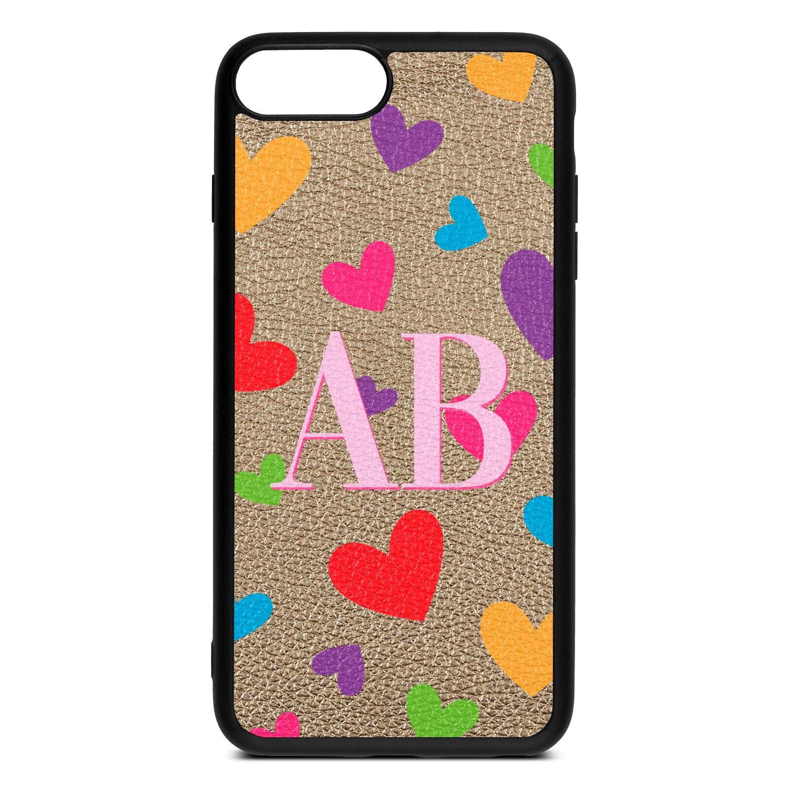 Contrast Initials Heart Print Gold Pebble Leather iPhone 8 Plus Case