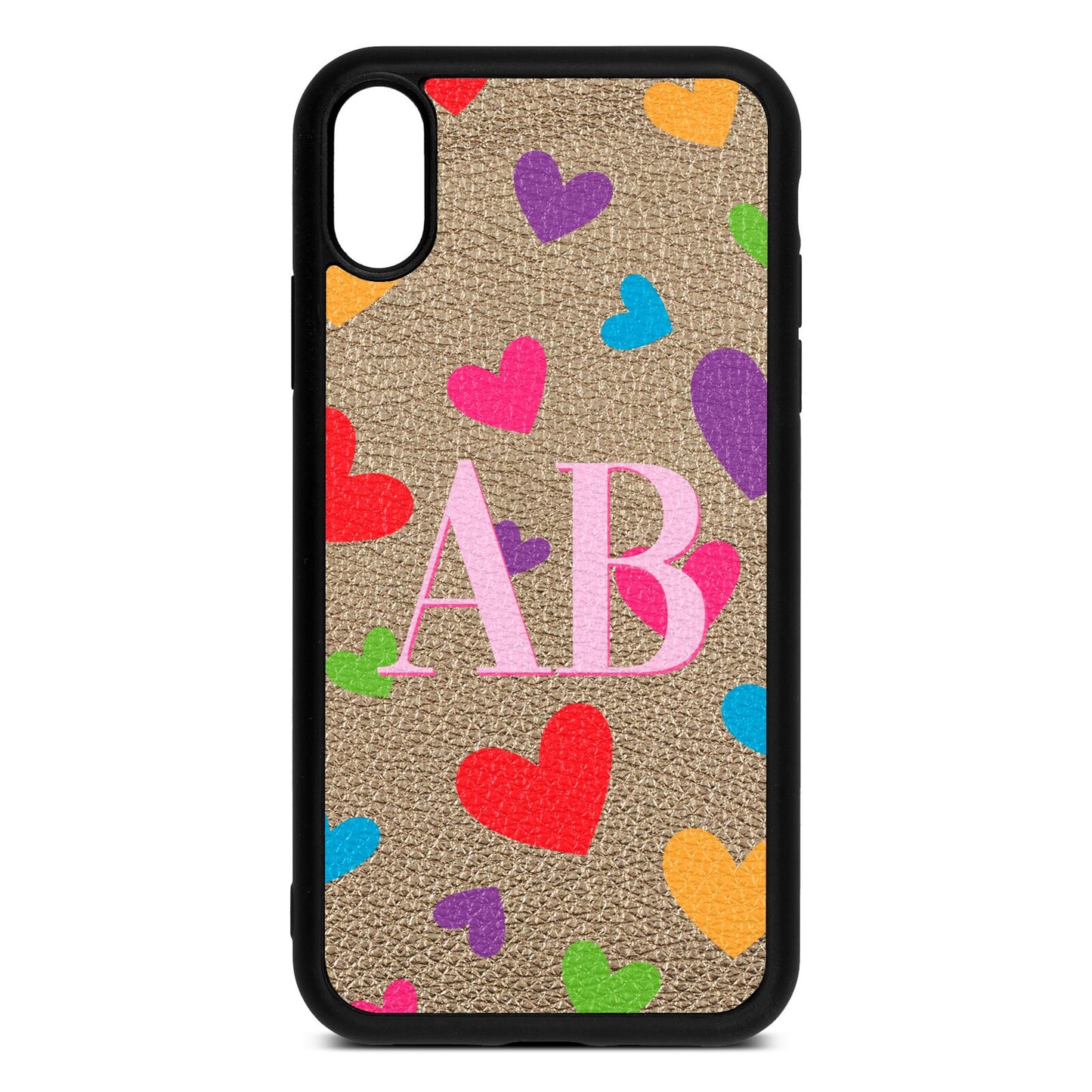 Contrast Initials Heart Print Gold Pebble Leather iPhone Xr Case