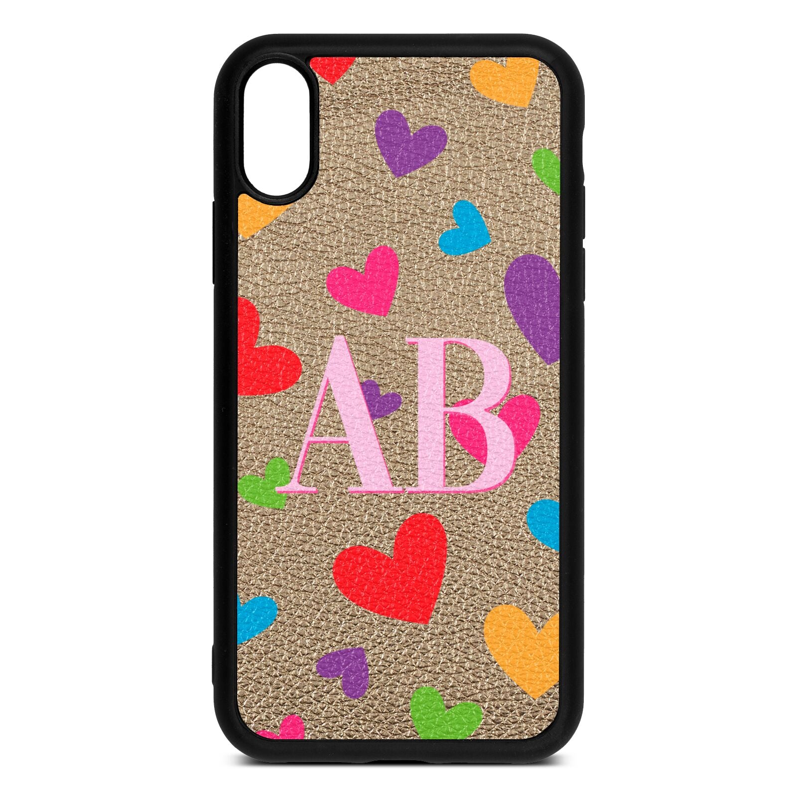 Contrast Initials Heart Print Gold Pebble Leather iPhone Xr Case