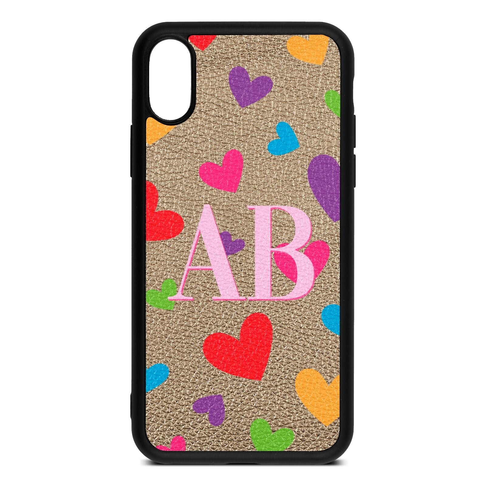 Contrast Initials Heart Print Gold Pebble Leather iPhone Xs Case