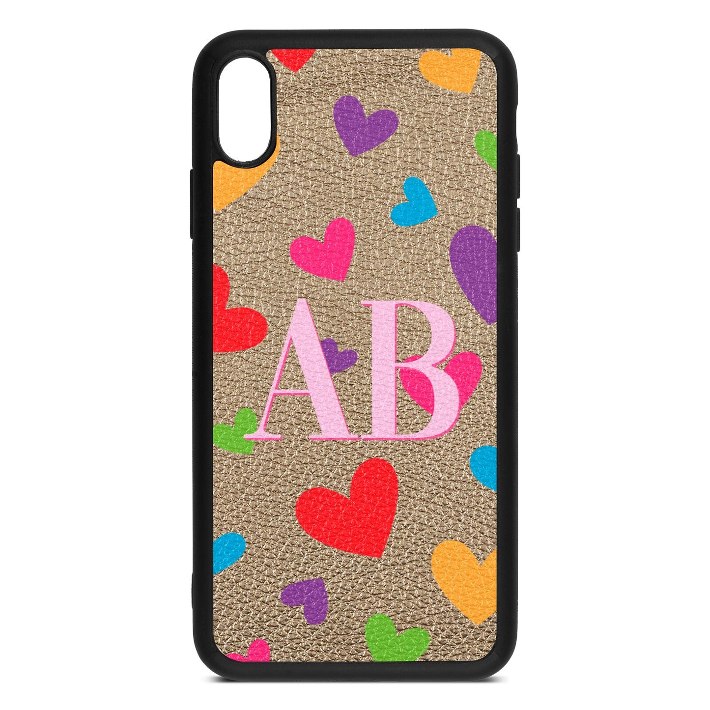 Contrast Initials Heart Print Gold Pebble Leather iPhone Xs Max Case