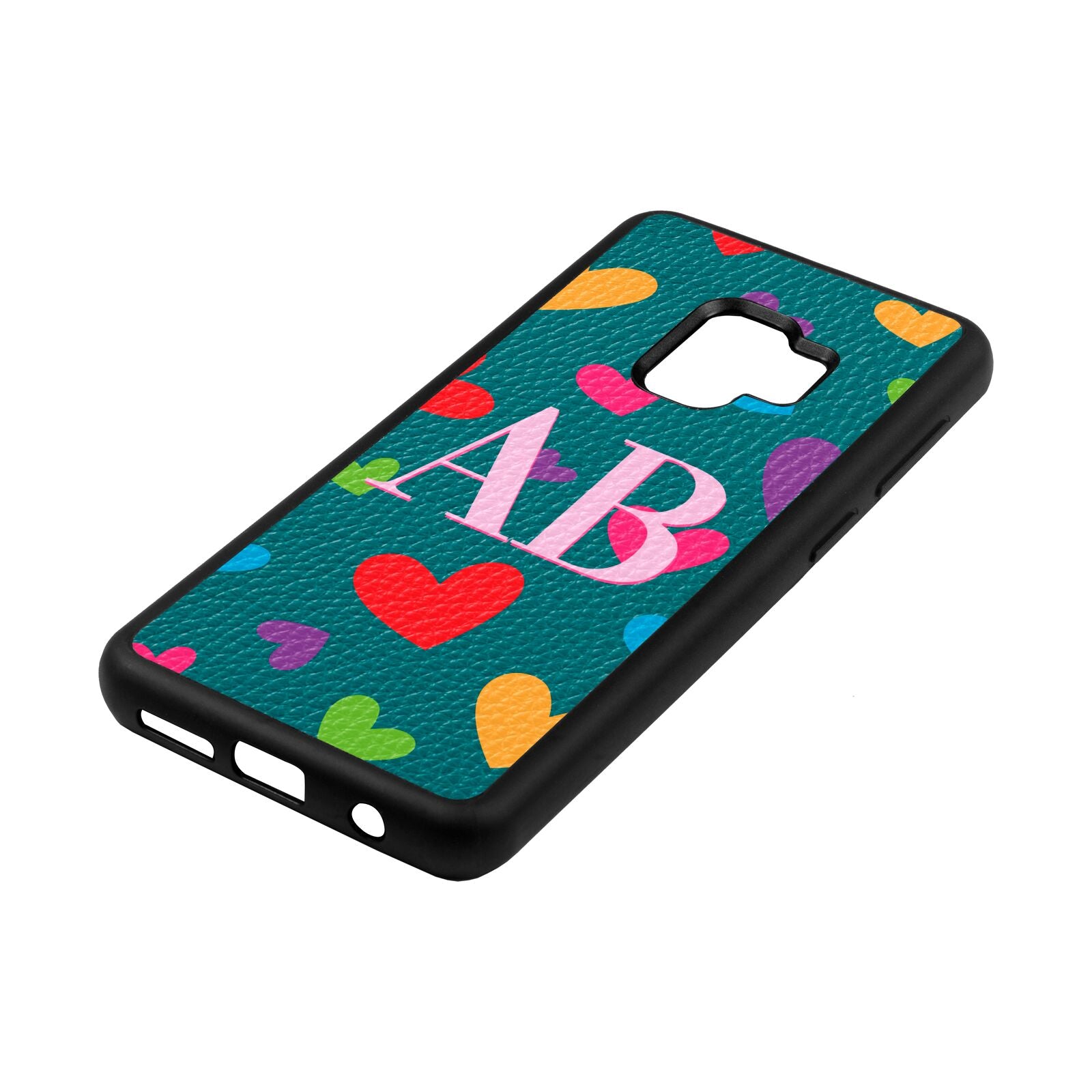 Contrast Initials Heart Print Green Pebble Leather Samsung S9 Case Side Angle