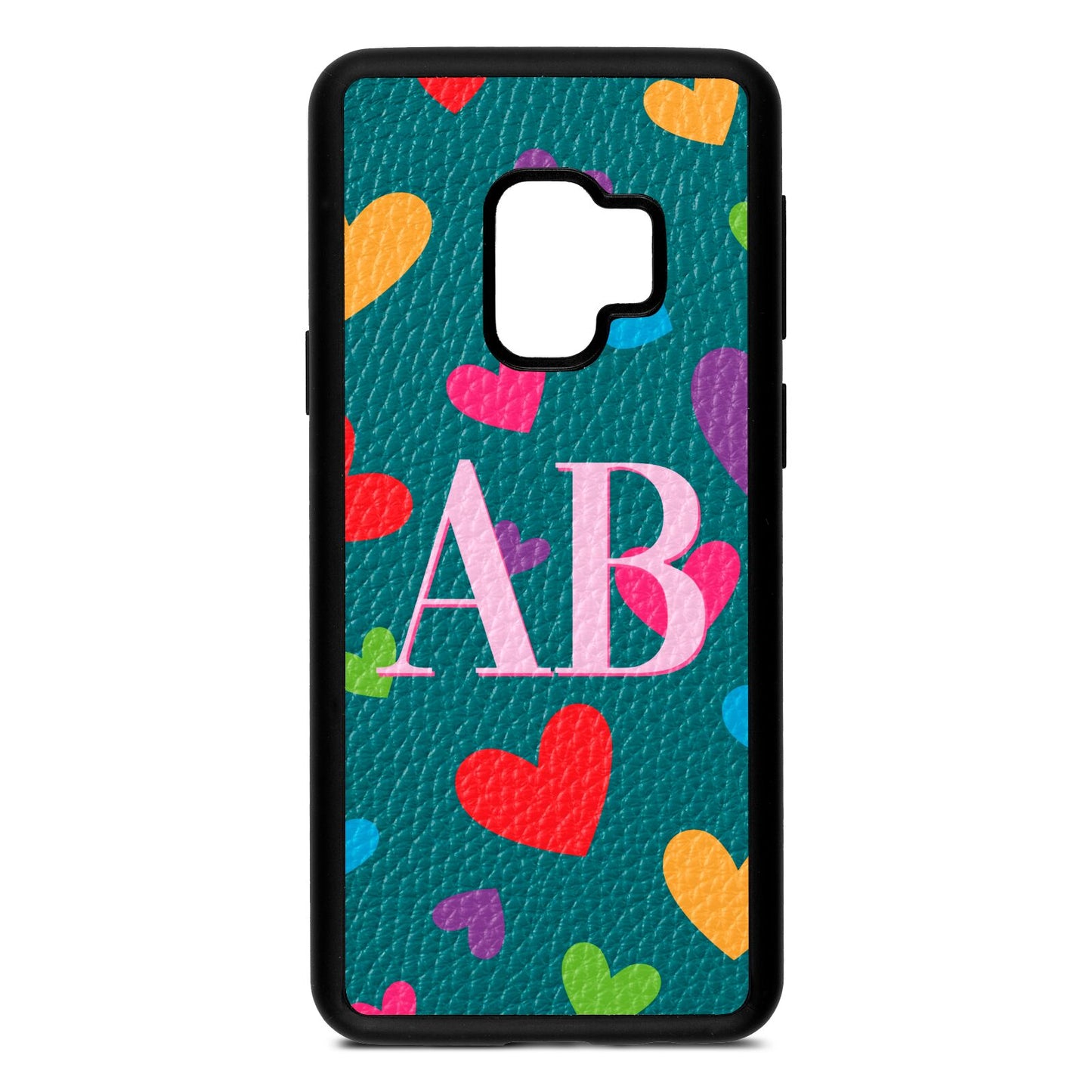 Contrast Initials Heart Print Green Pebble Leather Samsung S9 Case