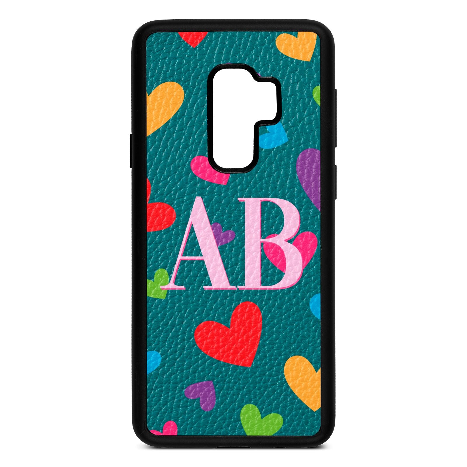 Contrast Initials Heart Print Green Pebble Leather Samsung S9 Plus Case