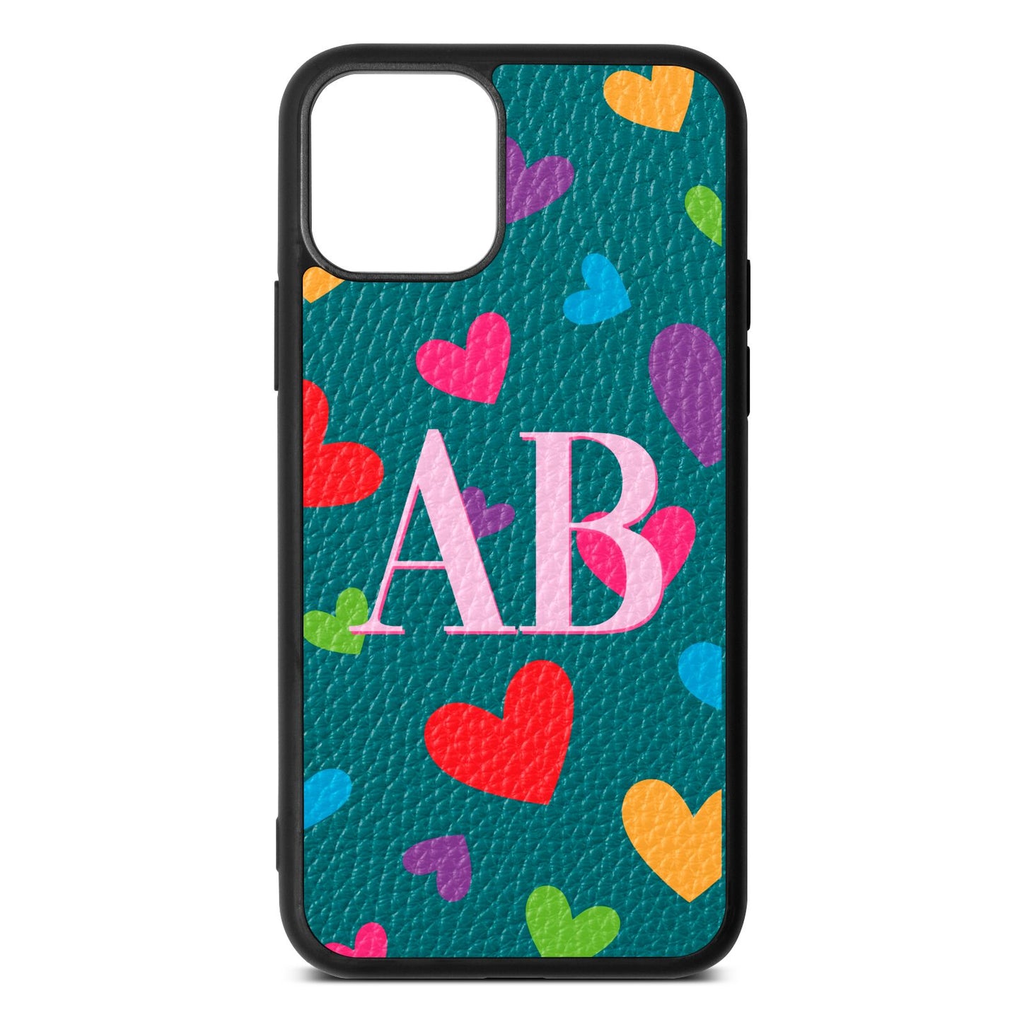 Contrast Initials Heart Print Green Pebble Leather iPhone 11 Case