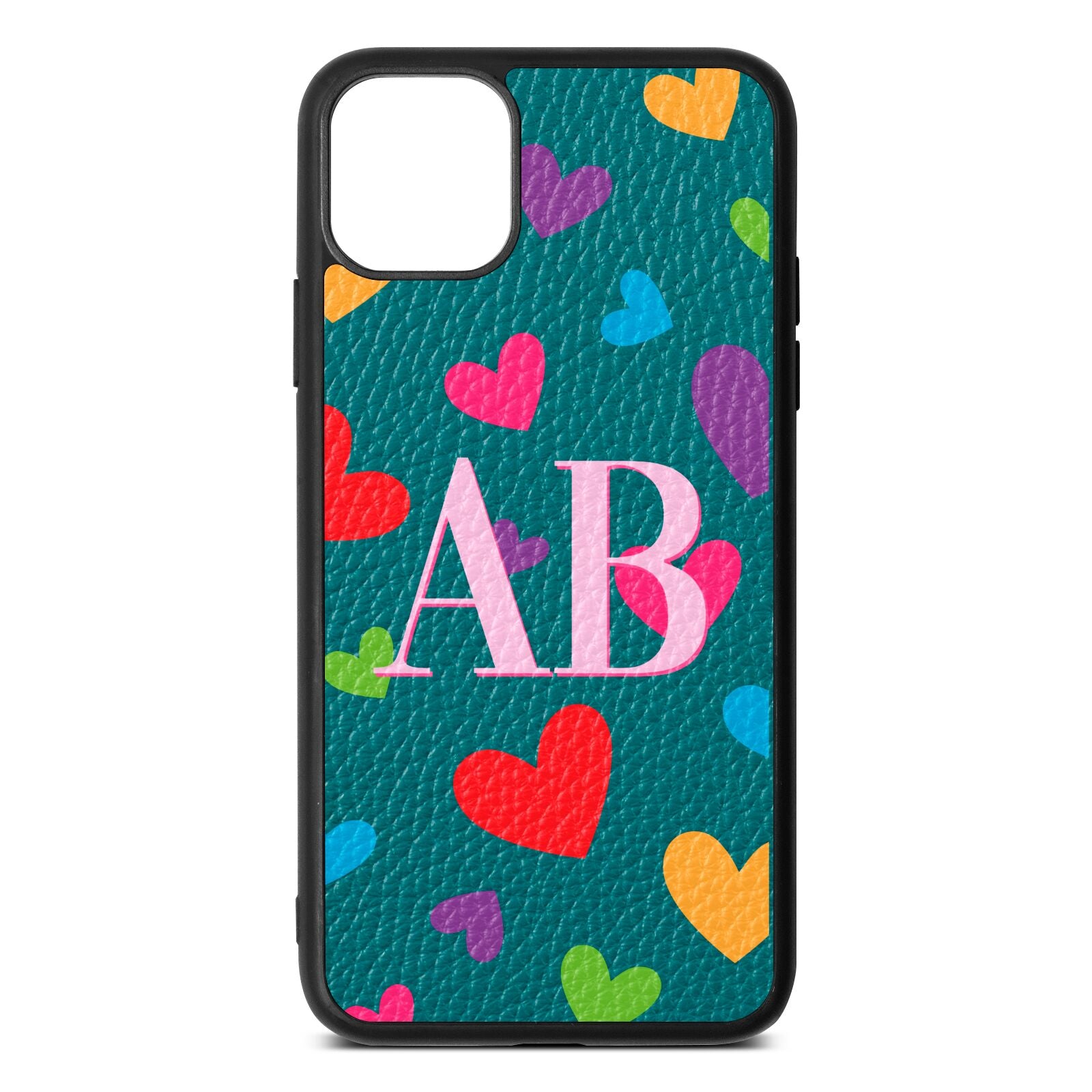 Contrast Initials Heart Print Green Pebble Leather iPhone 11 Pro Max Case