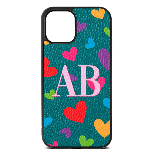 Contrast Initials Heart Print Green Pebble Leather iPhone 12 Case