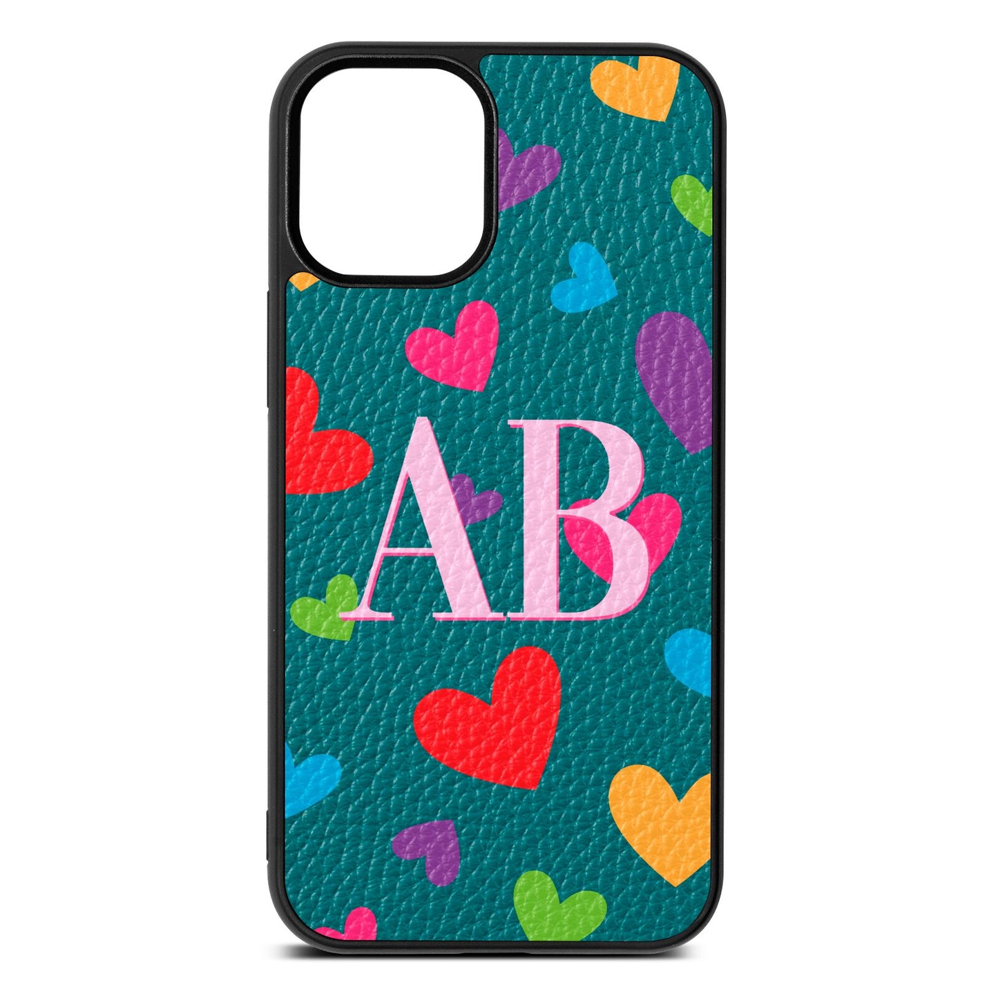 Contrast Initials Heart Print Green Pebble Leather iPhone 12 Mini Case