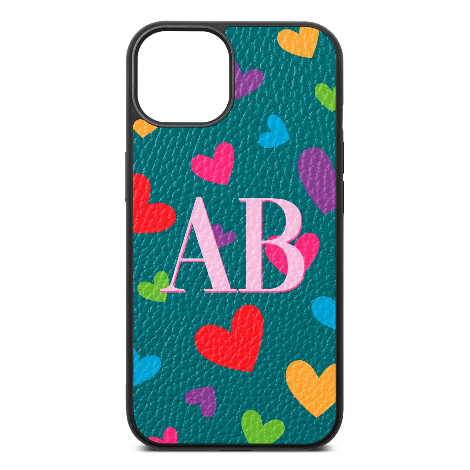 Contrast Initials Heart Print Green Pebble Leather iPhone 13 Case