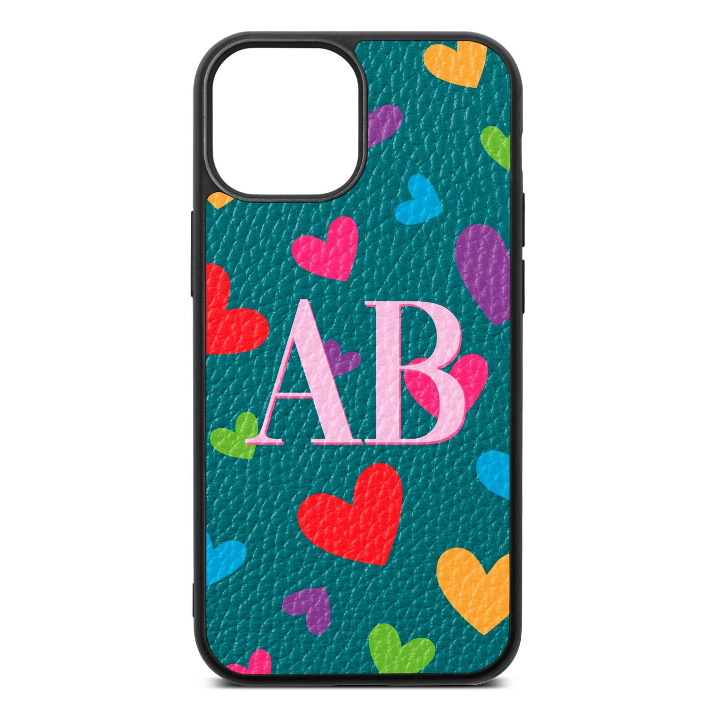 Contrast Initials Heart Print Green Pebble Leather iPhone 13 Mini Case