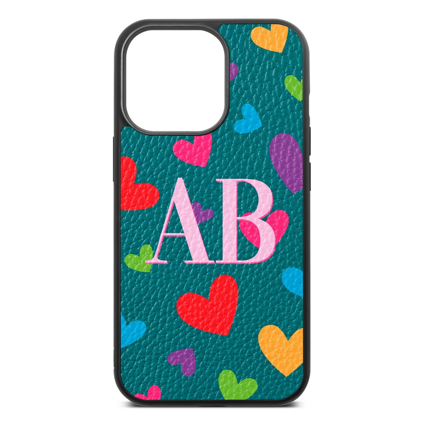 Contrast Initials Heart Print Green Pebble Leather iPhone 13 Pro Case