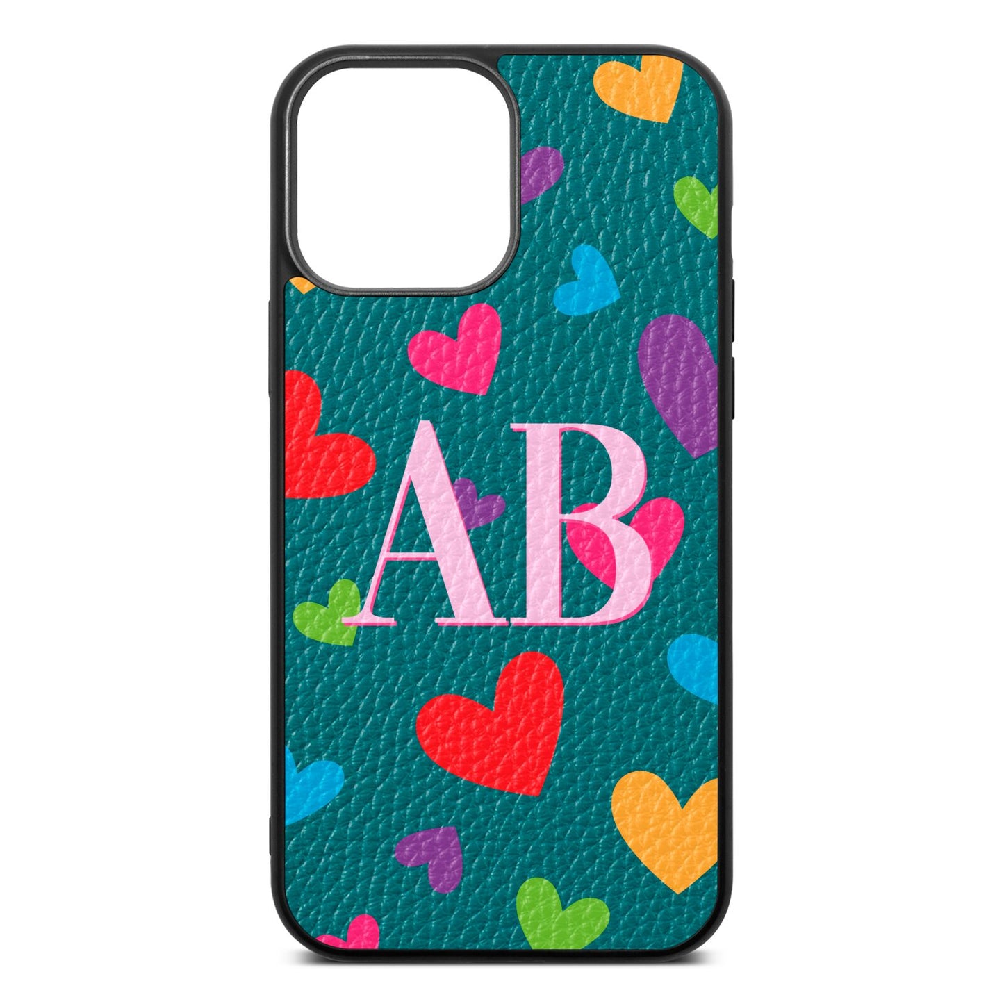 Contrast Initials Heart Print Green Pebble Leather iPhone 13 Pro Max Case