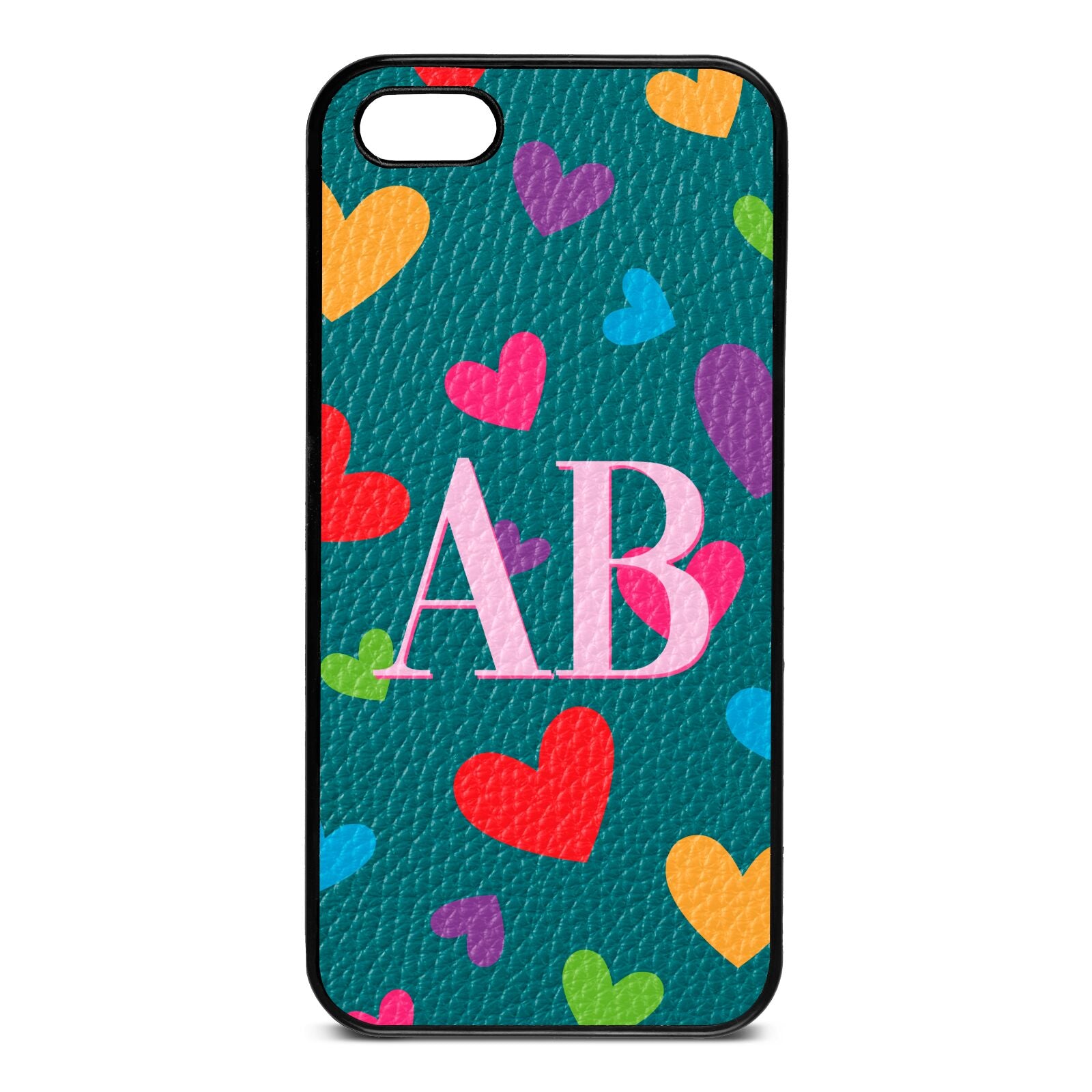 Contrast Initials Heart Print Green Pebble Leather iPhone 5 Case