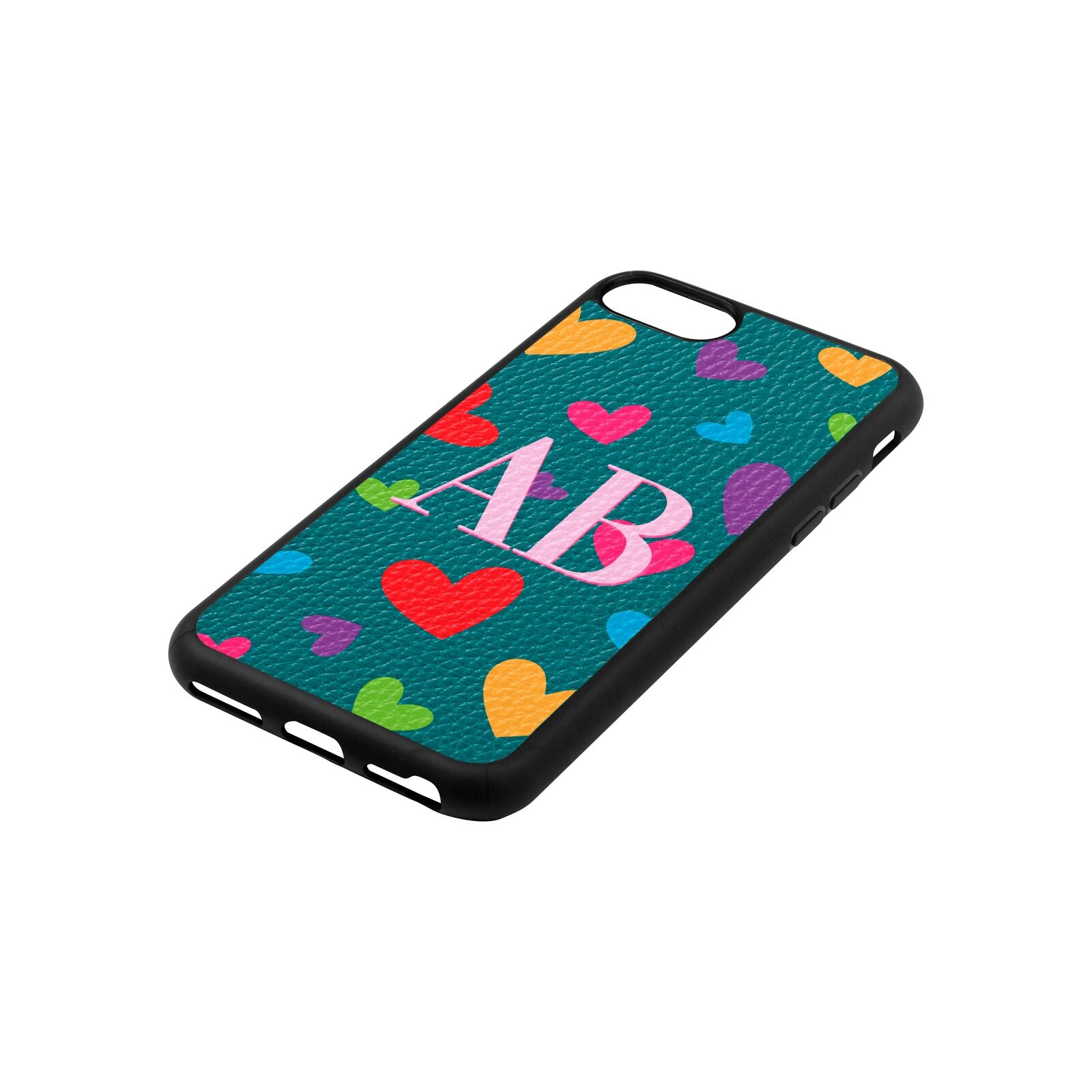 Contrast Initials Heart Print Green Pebble Leather iPhone 8 Case Side Angle