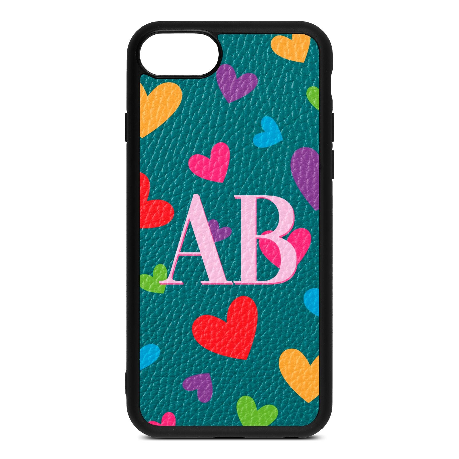 Contrast Initials Heart Print Green Pebble Leather iPhone 8 Case