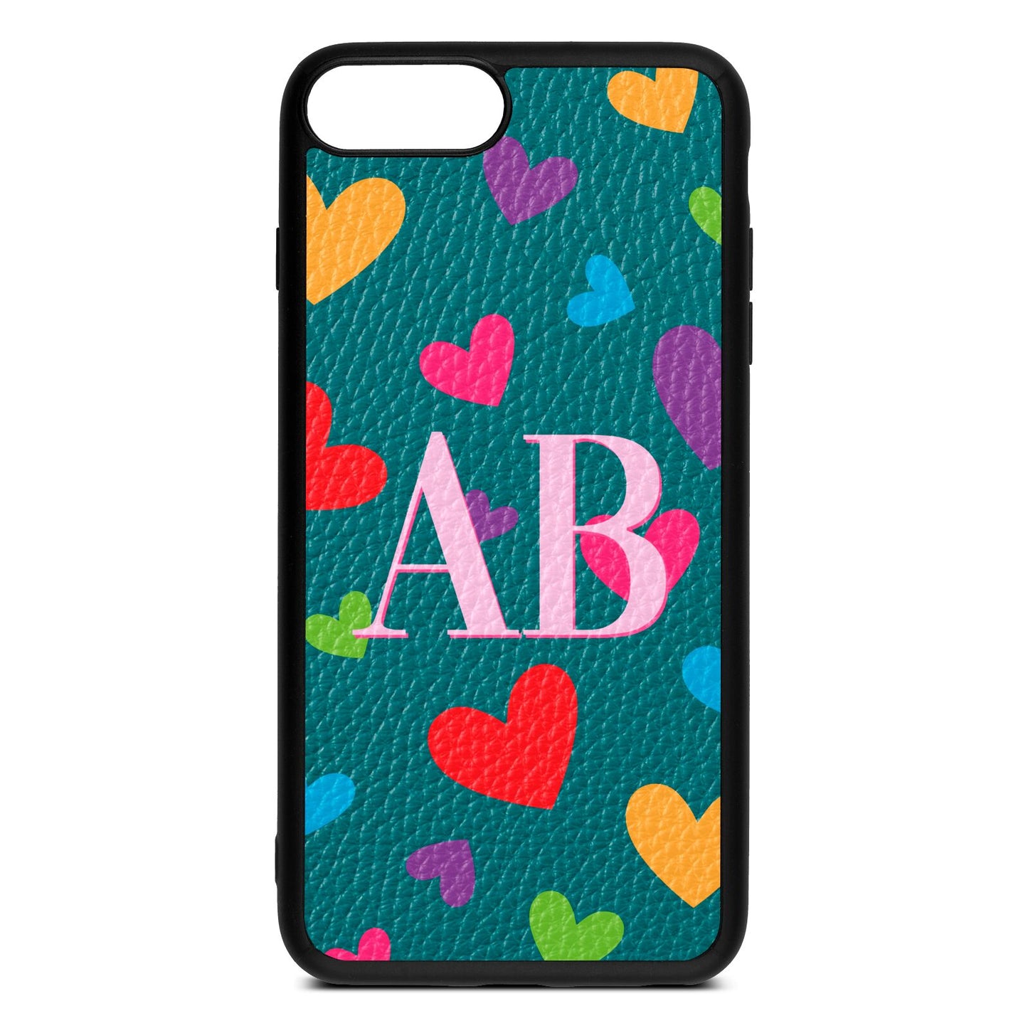 Contrast Initials Heart Print Green Pebble Leather iPhone 8 Plus Case