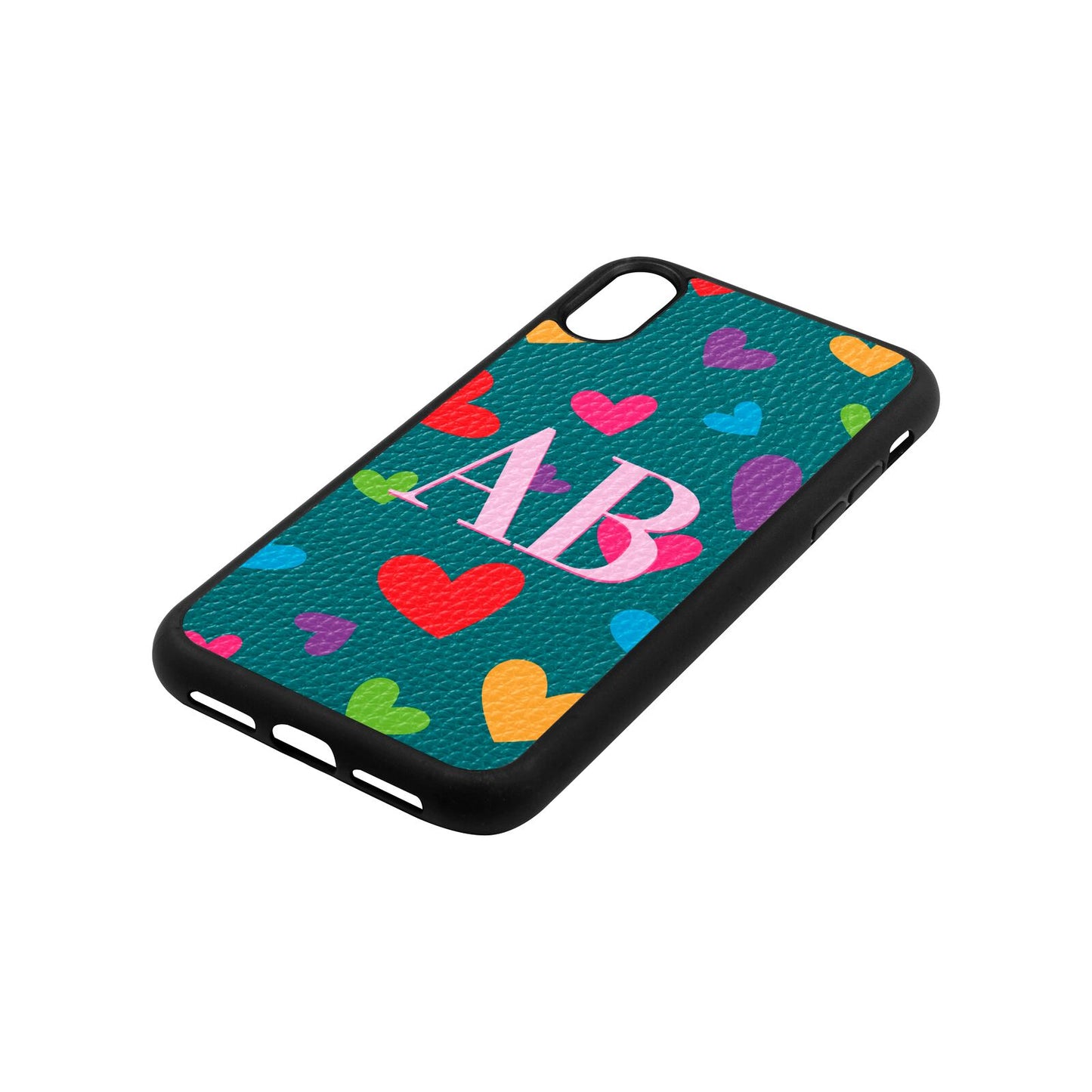 Contrast Initials Heart Print Green Pebble Leather iPhone Xr Case Side Angle