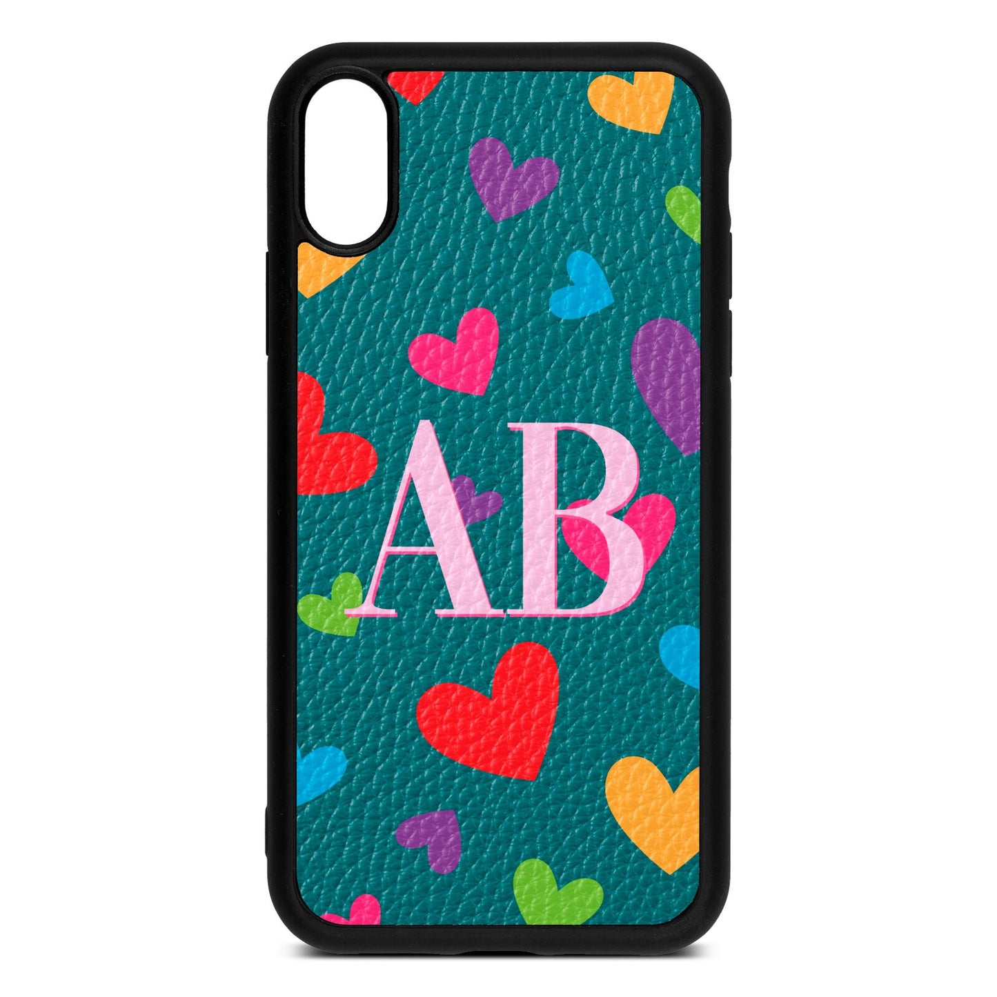 Contrast Initials Heart Print Green Pebble Leather iPhone Xr Case