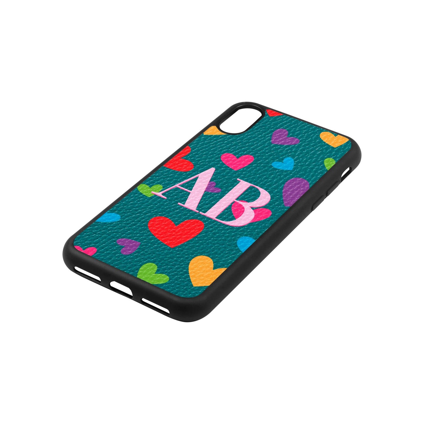 Contrast Initials Heart Print Green Pebble Leather iPhone Xs Case Side Angle