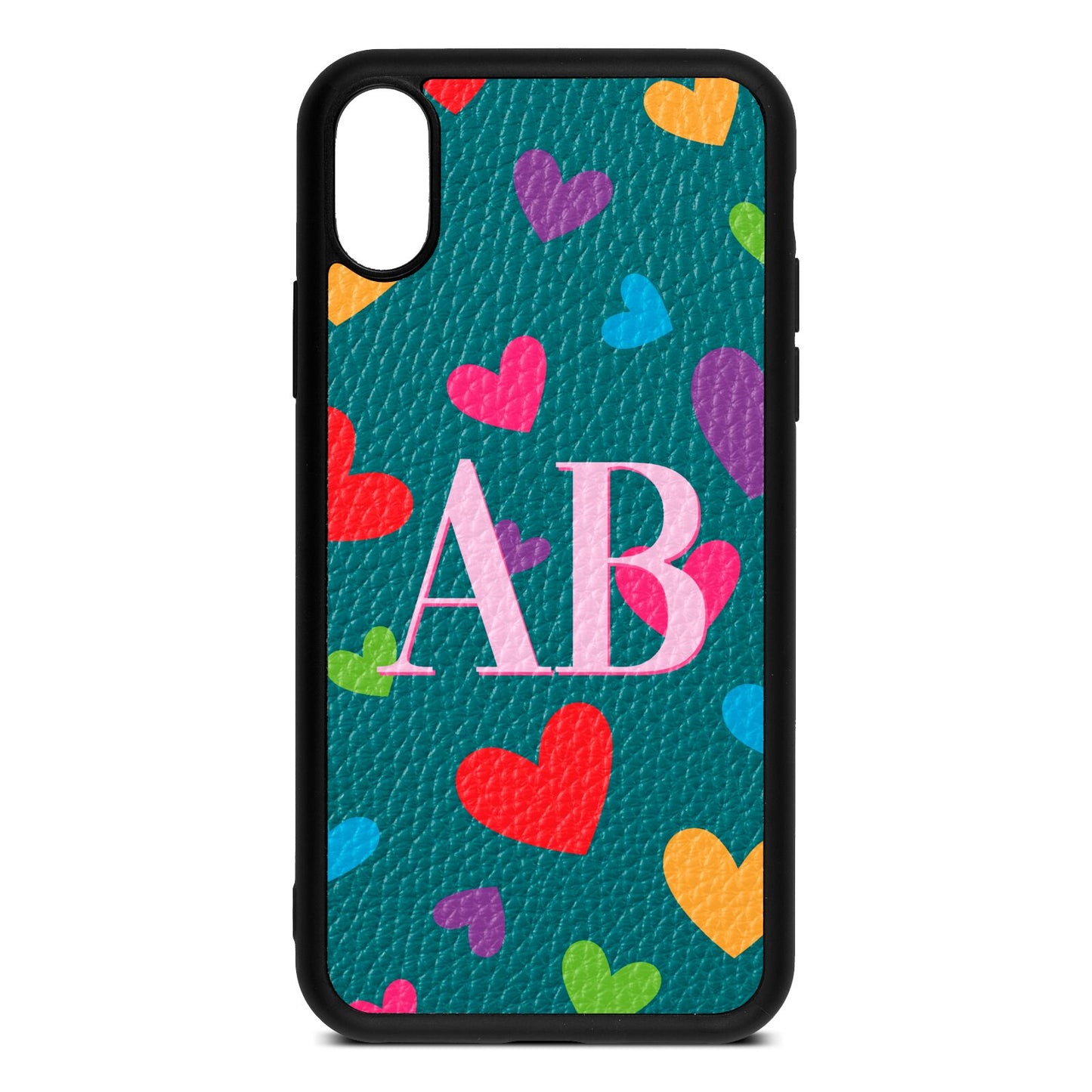 Contrast Initials Heart Print Green Pebble Leather iPhone Xs Case