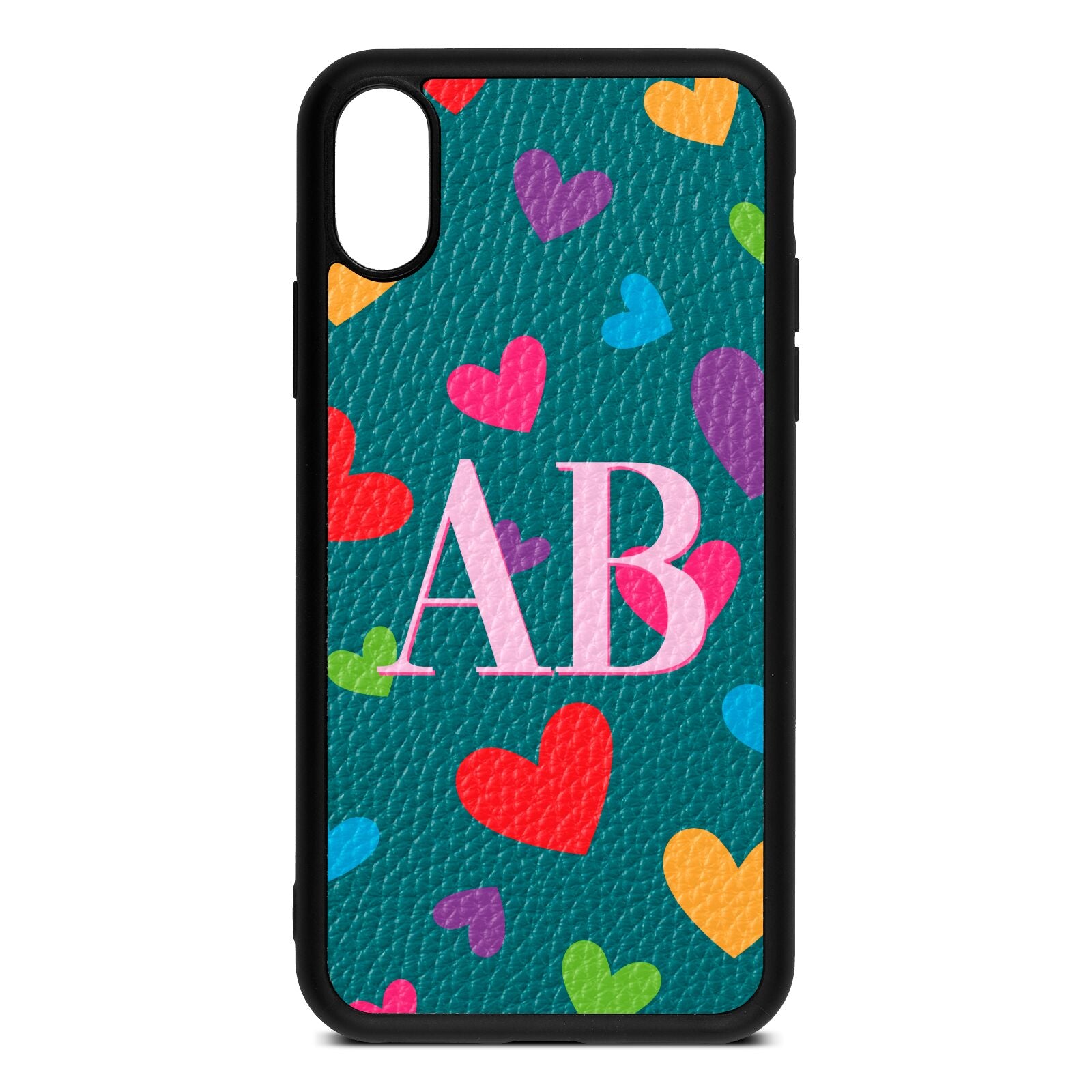 Contrast Initials Heart Print Green Pebble Leather iPhone Xs Case