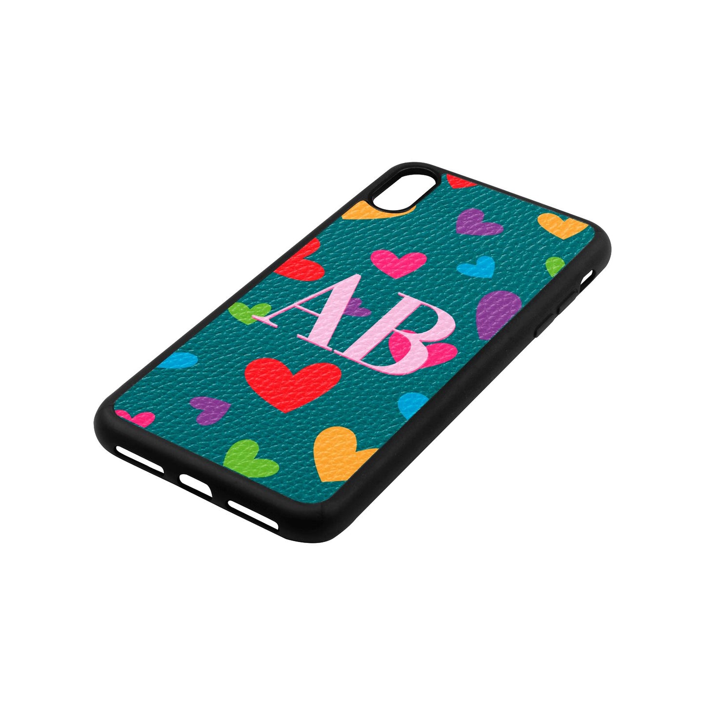 Contrast Initials Heart Print Green Pebble Leather iPhone Xs Max Case Side Angle