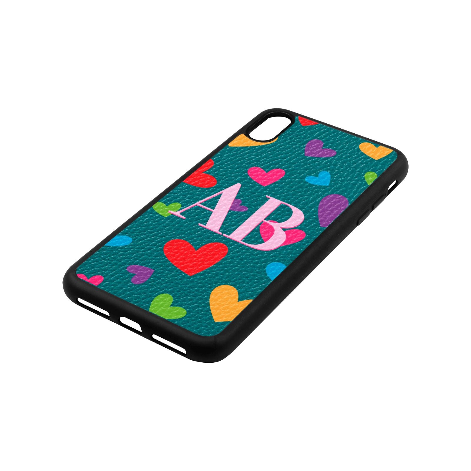 Contrast Initials Heart Print Green Pebble Leather iPhone Xs Max Case Side Angle