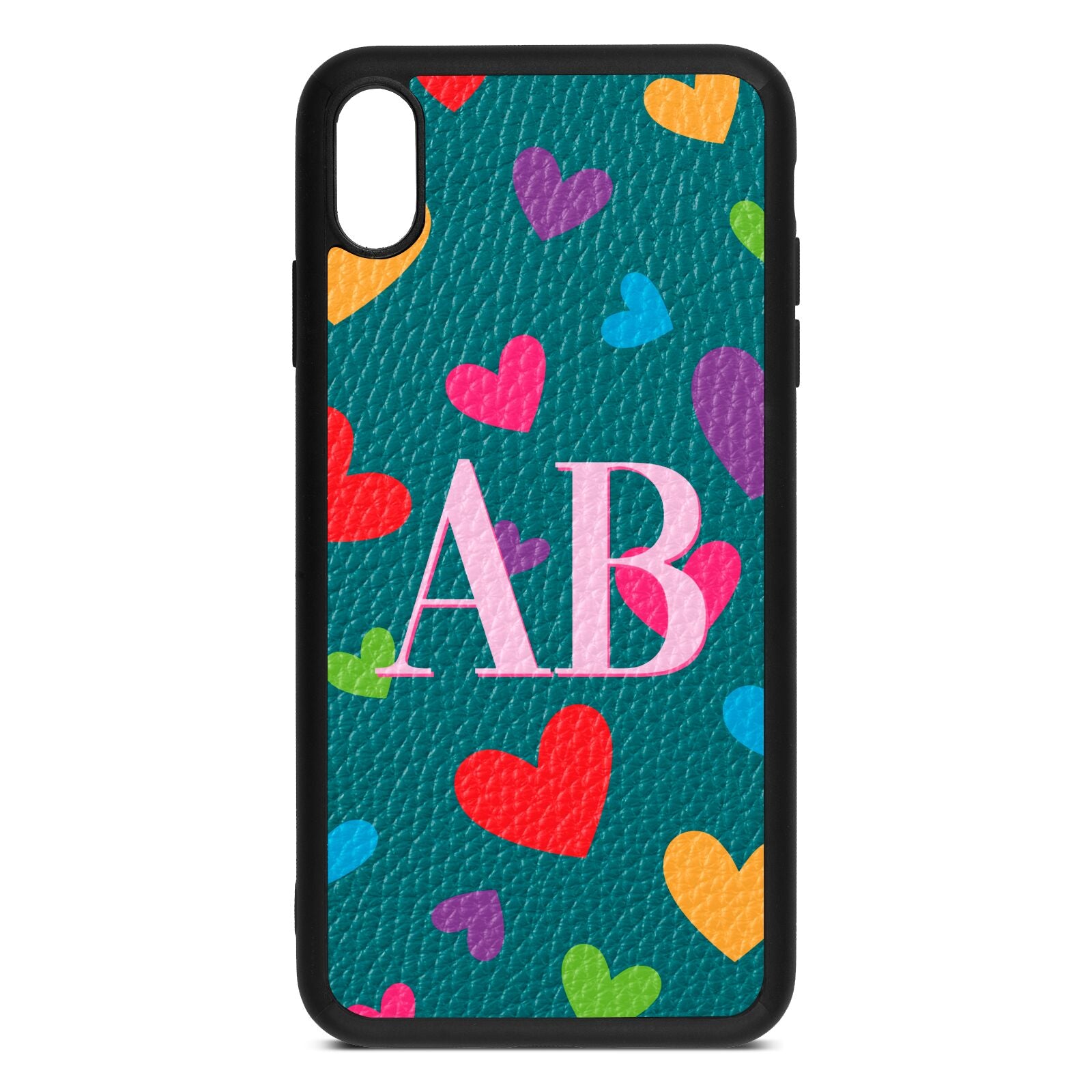 Contrast Initials Heart Print Green Pebble Leather iPhone Xs Max Case