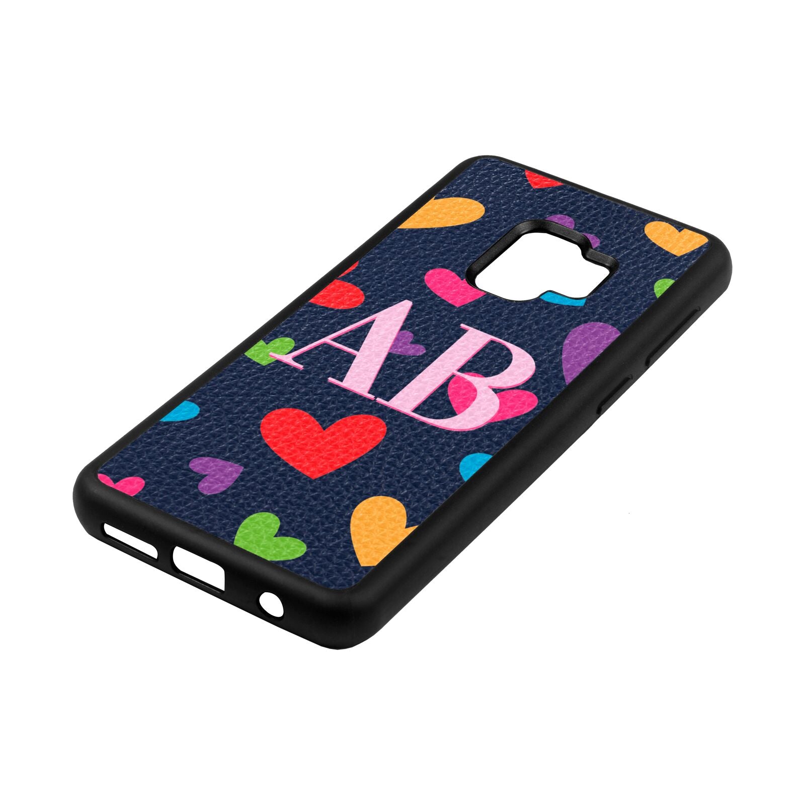 Contrast Initials Heart Print Navy Blue Pebble Leather Samsung S9 Case Side Angle