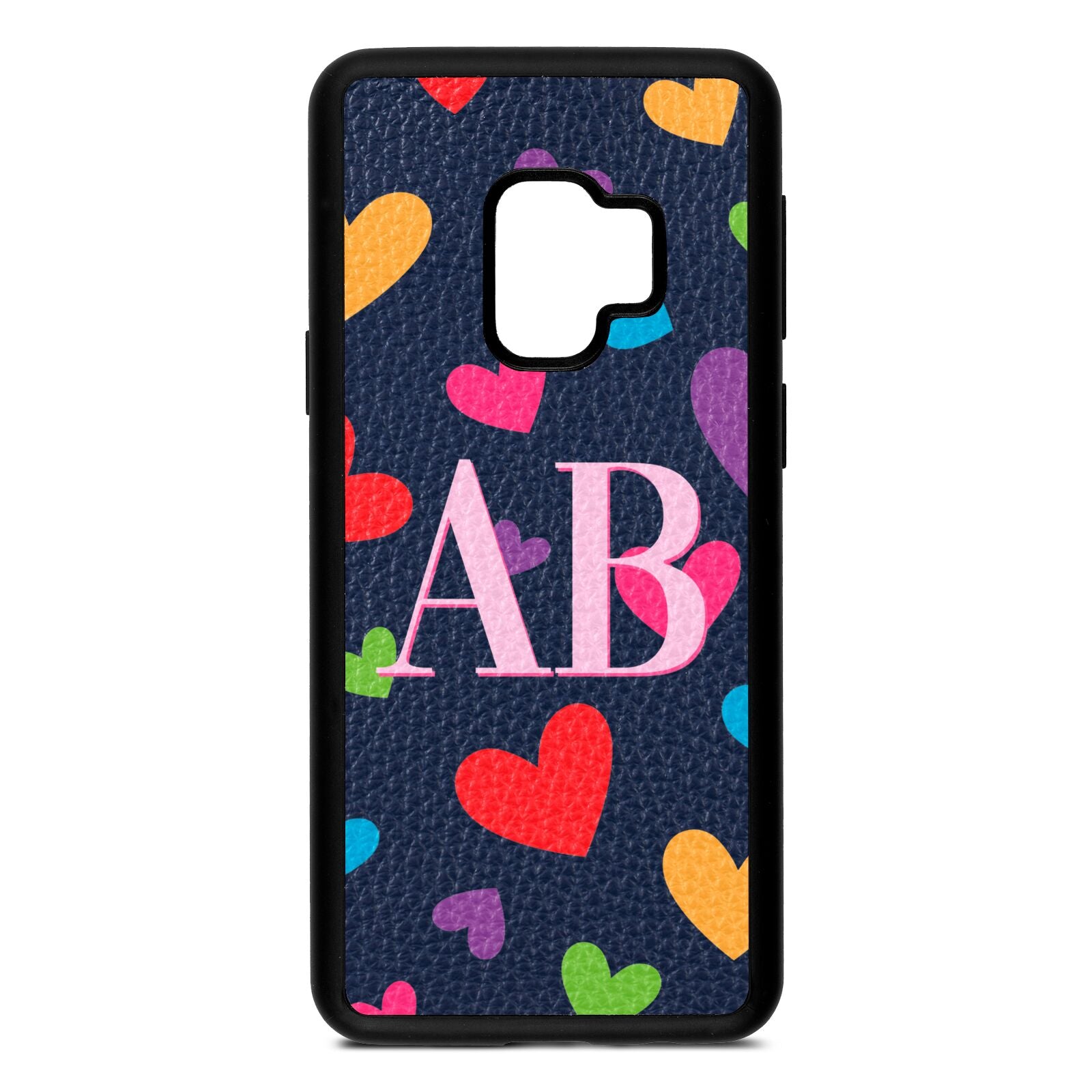 Contrast Initials Heart Print Navy Blue Pebble Leather Samsung S9 Case