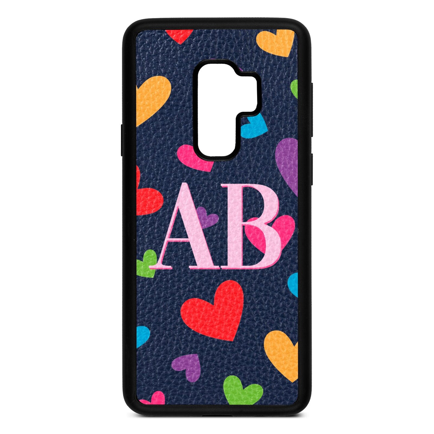 Contrast Initials Heart Print Navy Blue Pebble Leather Samsung S9 Plus Case