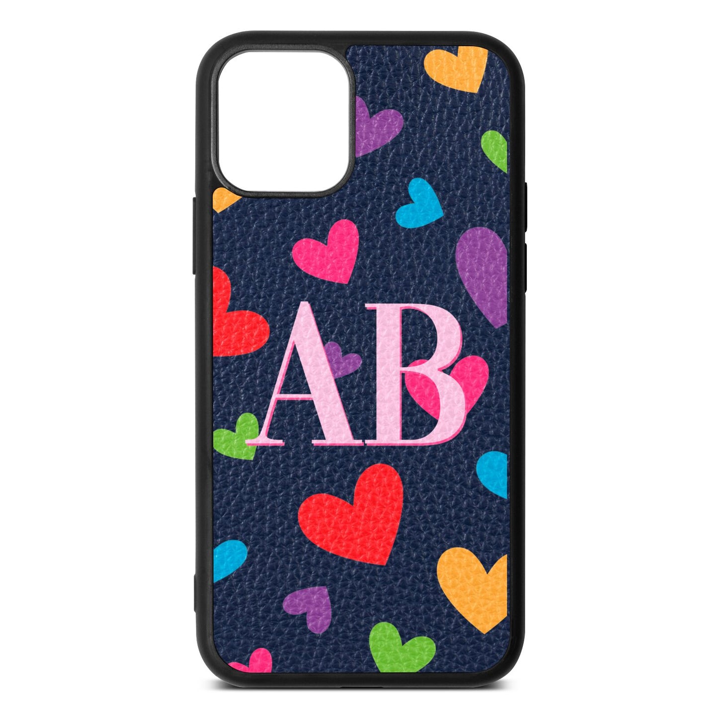 Contrast Initials Heart Print Navy Blue Pebble Leather iPhone 11 Case