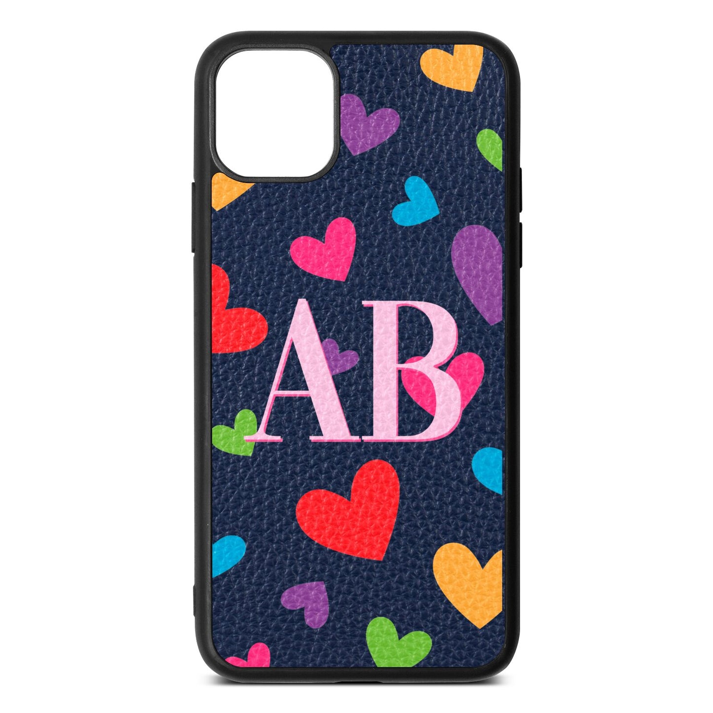 Contrast Initials Heart Print Navy Blue Pebble Leather iPhone 11 Pro Max Case