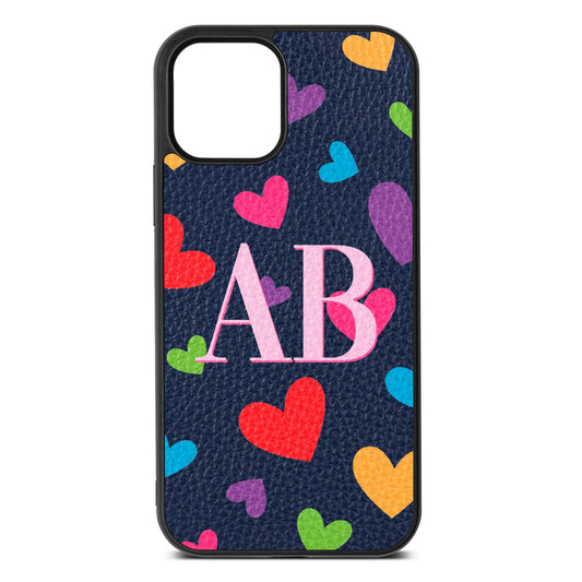 Contrast Initials Heart Print Navy Blue Pebble Leather iPhone 12 Case