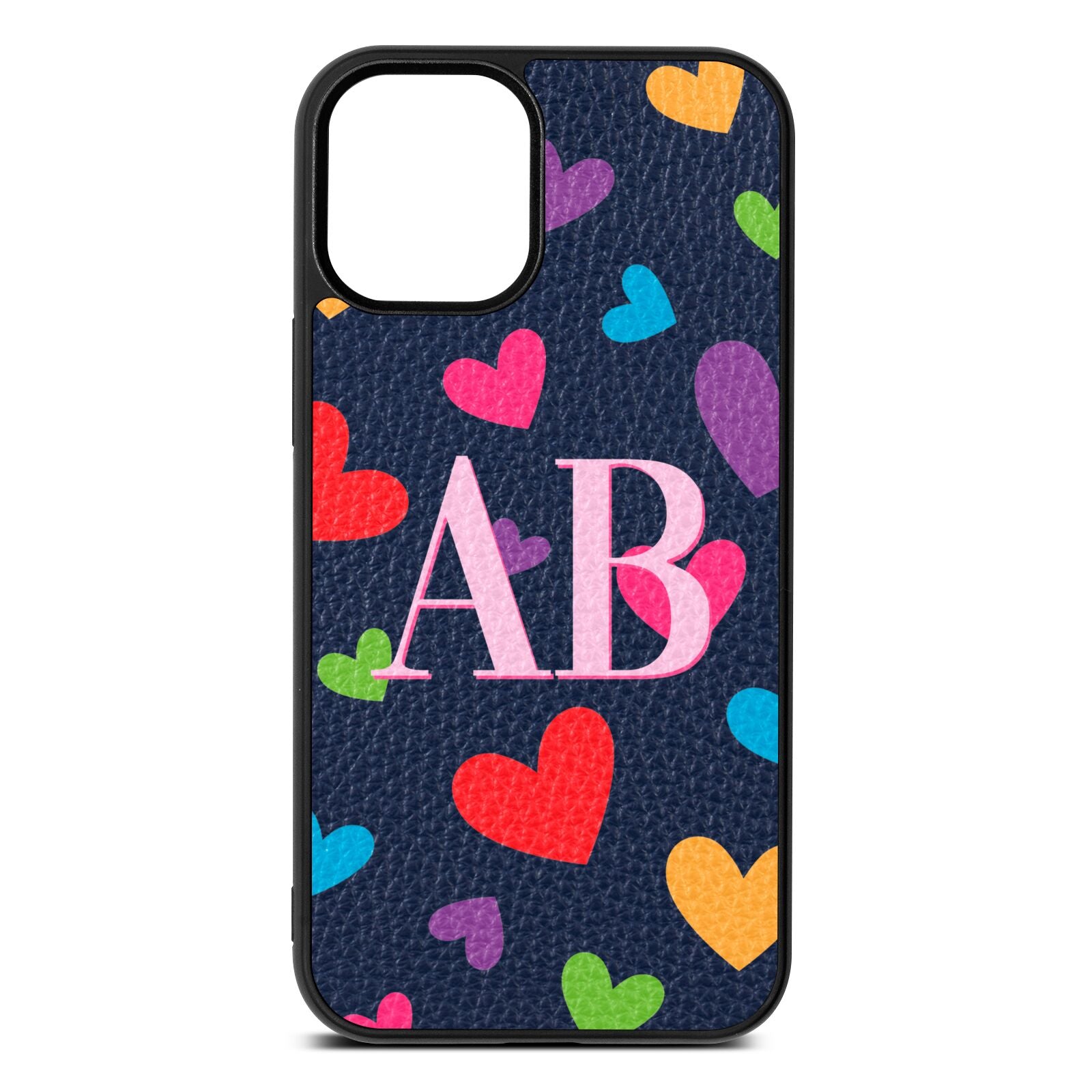 Contrast Initials Heart Print Navy Blue Pebble Leather iPhone 12 Mini Case