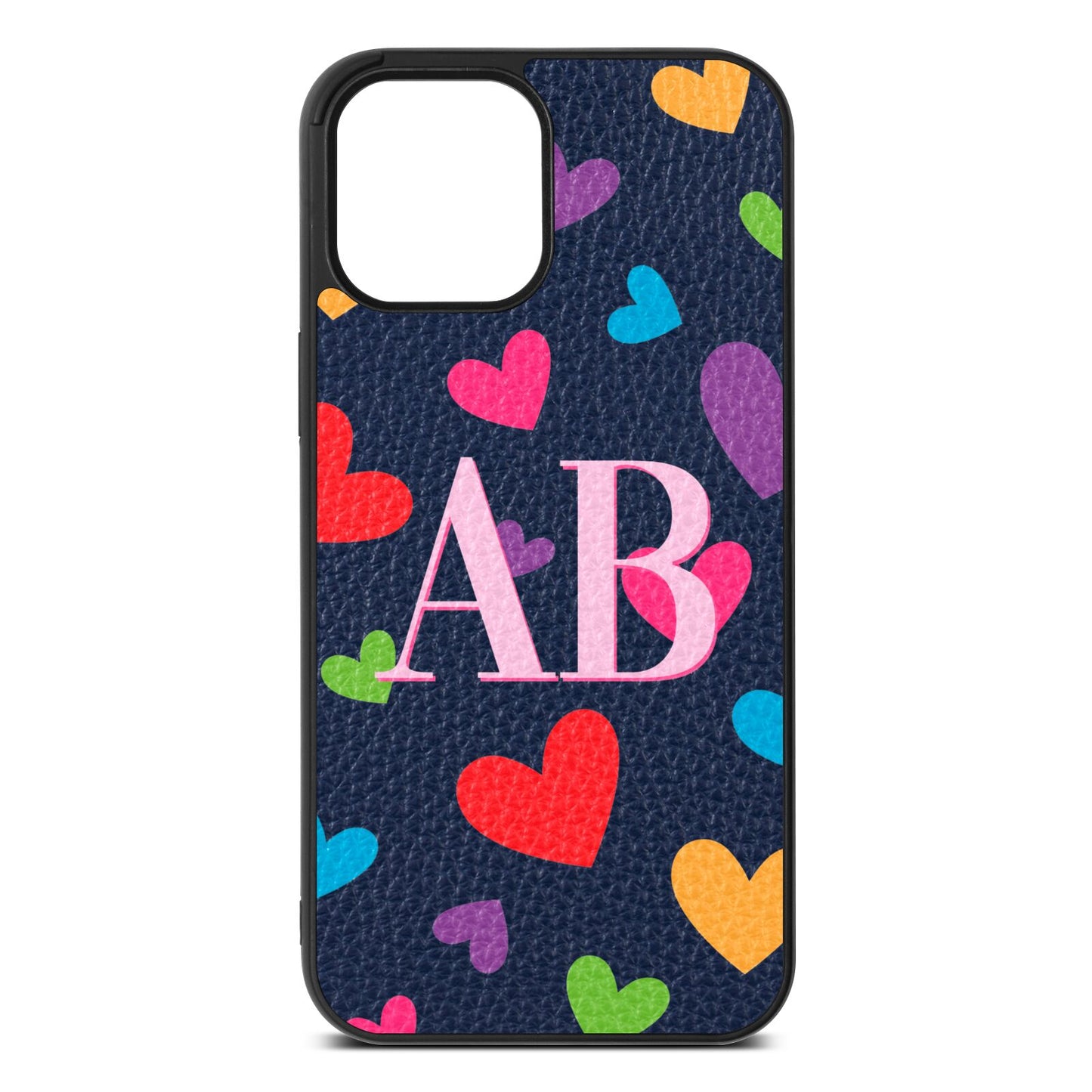 Contrast Initials Heart Print Navy Blue Pebble Leather iPhone 12 Pro Max Case