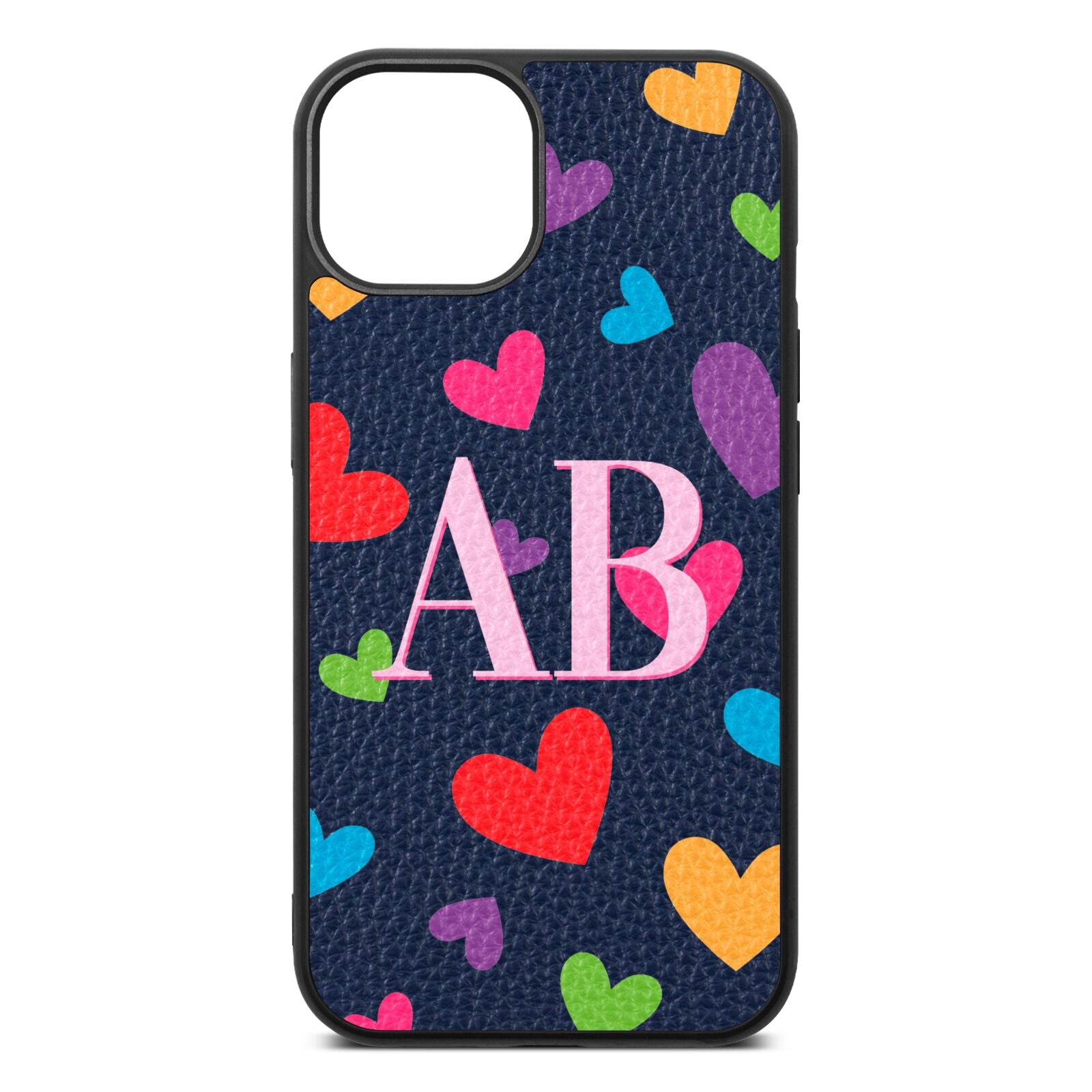 Contrast Initials Heart Print Navy Blue Pebble Leather iPhone 13 Case