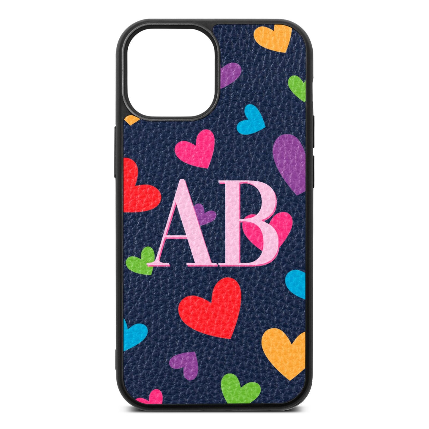 Contrast Initials Heart Print Navy Blue Pebble Leather iPhone 13 Mini Case