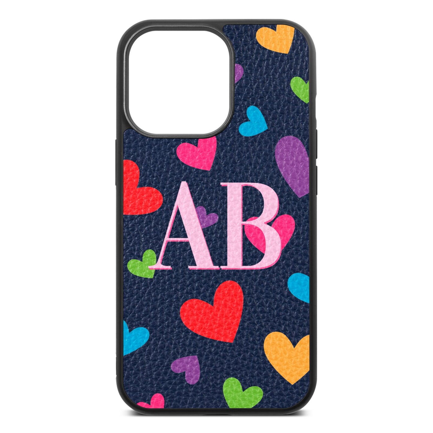 Contrast Initials Heart Print Navy Blue Pebble Leather iPhone 13 Pro Case